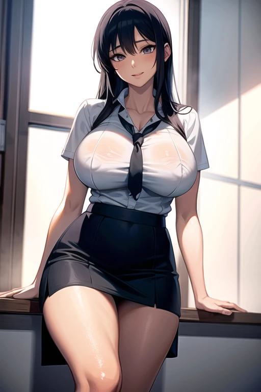 (Highest quality)), ((masterpiece)), (detailed), Perfect Anatomy,Very sexy,A married woman full of sex appeal,Full Body Shot,One Woman, Baby Face,Full Body Shot,A 28-year-old married woman,Woman Standing In Classroom,((Highest quality, 8k, masterpiece: 1.3, One beautiful woman)), Big Breasts,Slender figure,Beautiful body lines,Thin arms,Curved waist,Thin legs,Beautiful fingers,Navy blue suit,short tight skirt of dark blue color,,White open-collar shirt,((Wide open shirt 1.8)),(((Cleavage 1.8))),A pose that emphasizes the chest,Natural Light,School classroom,Women are teachers,Long black hair,Straight Hair,Beautiful shiny hair,Beautiful Eyes,Beautiful double eyelids,Dark Eyes,(((Lifting the skirt with your hands 1.9))),The look of temptation,Looking up at a woman from below,Spread your legs,White panties,Hands opening shirt,Leaning forward pose,Sweaty cleavage,Virgin Killer,