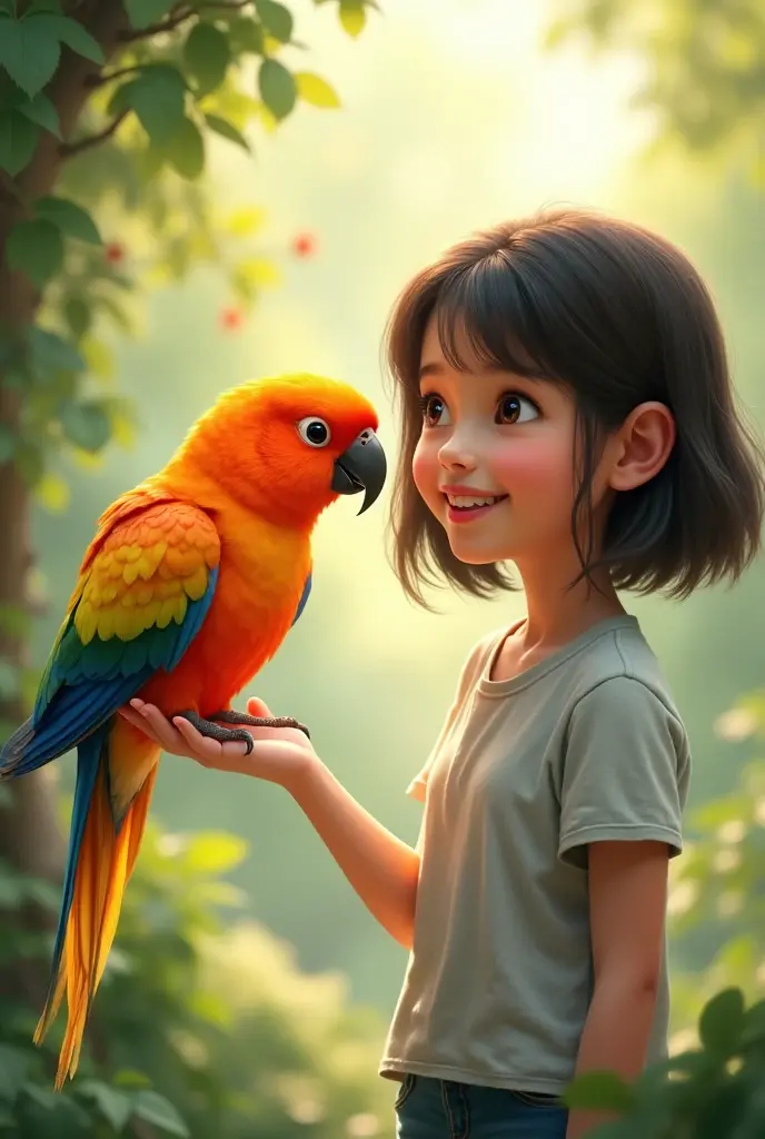 Sun Conure and a girl with shoulder-length hair