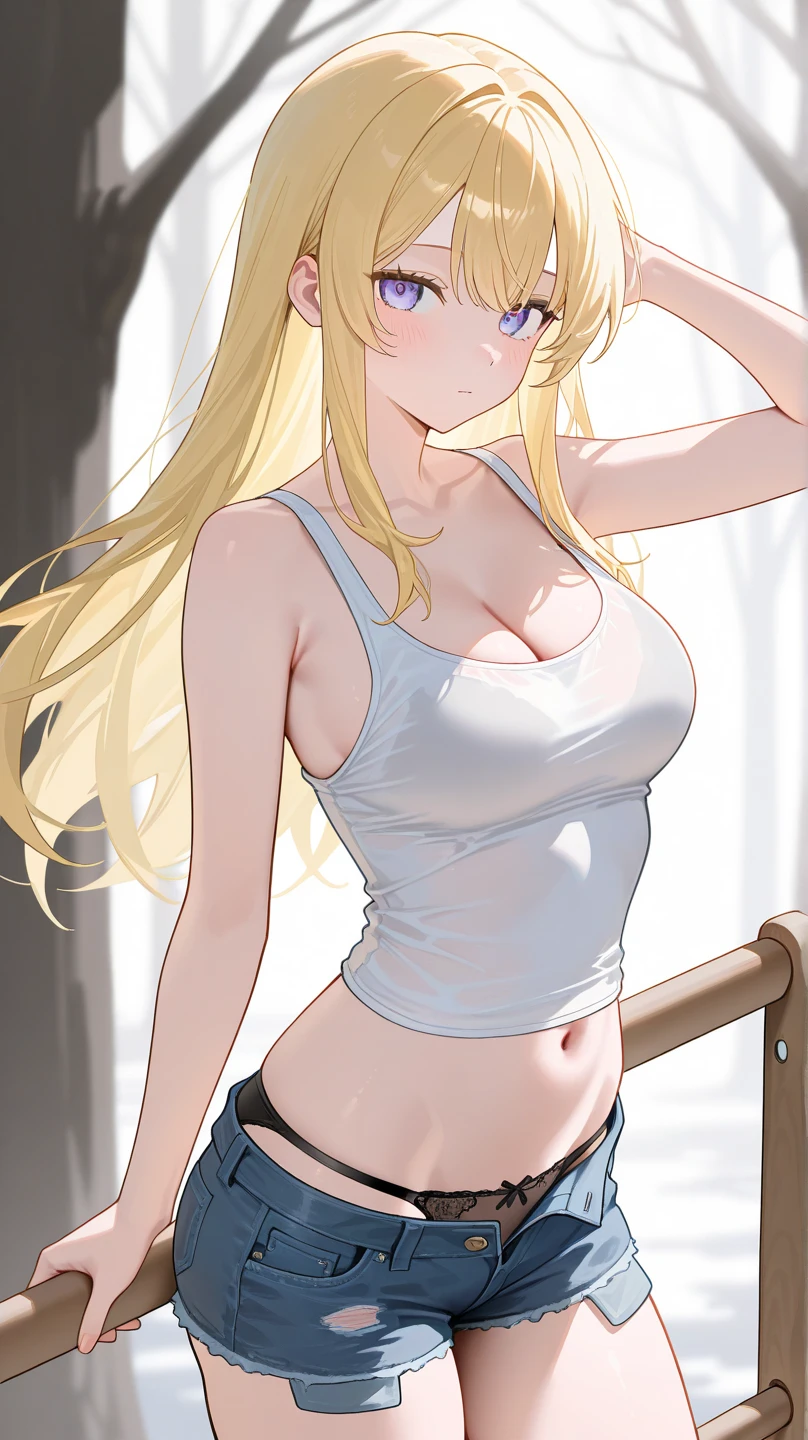 Generate a photo of a girl wearing white shorts and a black sleeveless tank top,Medium Bust, Blonde,　Semi-long straight hair,　Part your bangs in the center to reveal your forehead:1.6, breast enhancement