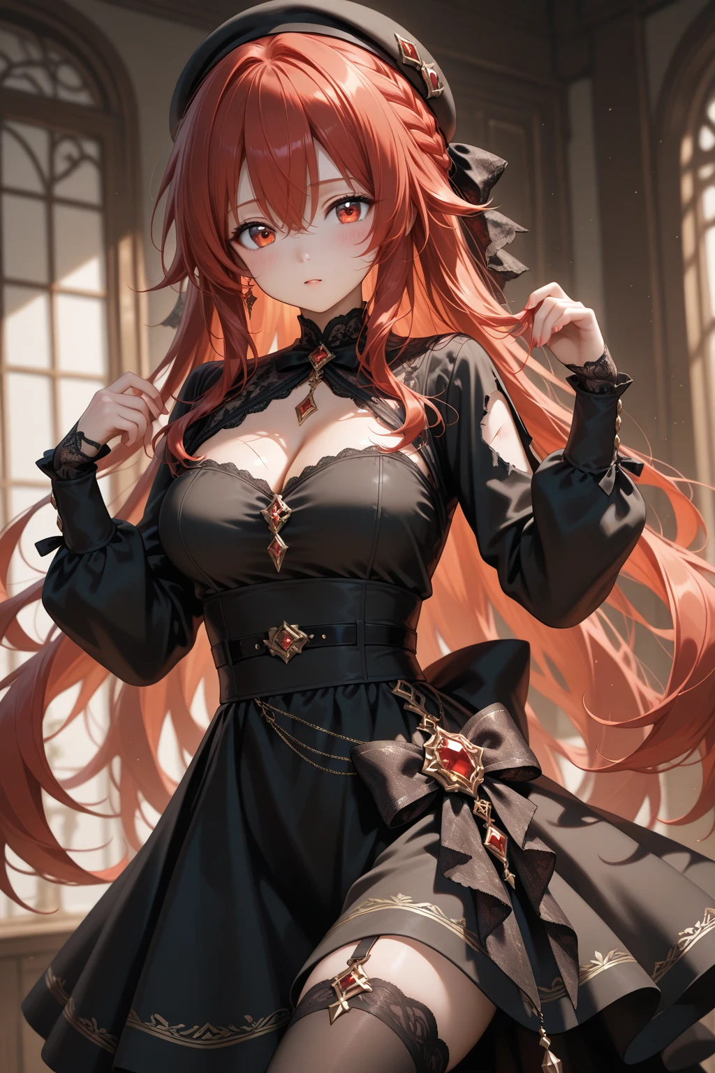8k,Super Detailed Game CG, (High resolution:1.1),(Absurd:1.1), highest quality, 超High resolution, 最High resolution, Very detailed, One Girl, KurumiBase, (Clock Eye), Heterochromia iridis, (Red eyes:1.2), (Yellow Eyes:1.5), (((Long twin tails))), hair band, Red dress, Frills, Removable sleeves, Frillsチョーク, Show Viewer, alone, Pretending to be embarrassed, Upload to TikTok