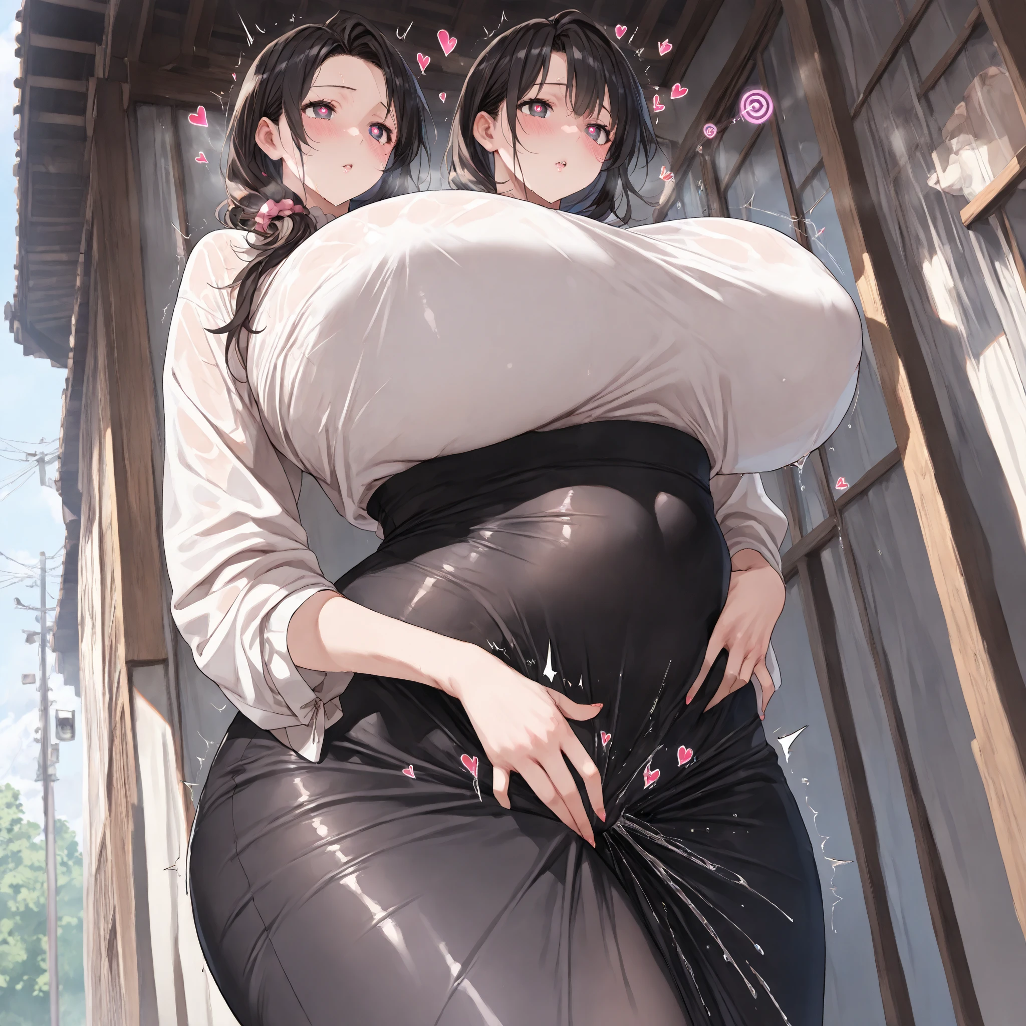 a group of 3 beautiful anime-style high school girls surrounded by a crowd of over 100 tall, attractive anime-style high school girls with exaggerated, towering, curvy figures, each over 10 meters in height, in a lush, overgrown natural setting, wearing only small bras and panties that struggle to contain their massive, unrealistic proportions, with detailed, high-quality close-ups of their faces, large giganormus busts, long legs and thick thighs, the scene has a surreal, fantastical, and slightly erotic tone, with vivid colors, high resolution, extreme detail, HDR, and a wide perspective, the girls' clothes are straining and bursting open, creating an atmosphere of growing, uncontrolled giantess power and lack of personal space