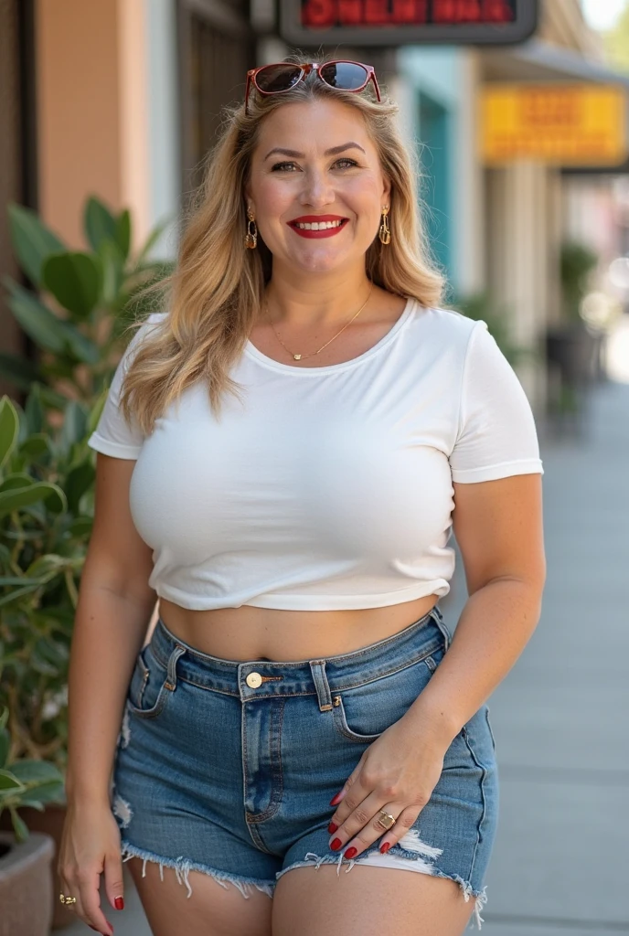 6 Attractive mature women, average age 60, (Bodycon:1.2), Large Breasts, smile, (Face wrinkles:1.3), Light makeup, Light white hair, Long hair in a ponytail, Earrings, bracelet, 8k, RAW Photo, highest quality, masterpiece, highest quality, (standing, from head to knees), bokeh, ((Tank top red, And jeans shorts Sexy, In town))), ((cowboy shot from thee behind)).