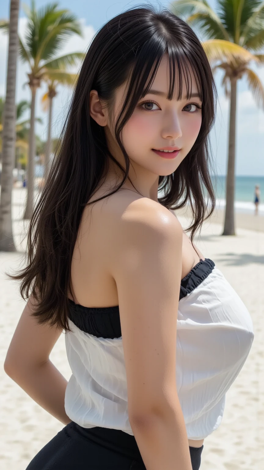 Put your arms behind your back、8K、Detailed Description、Very high definition、Realistic、reality的、Real、live-action、reality、High resolution、Nogizaka46、japanese idol,beautiful girl、21 years old、Dark brown eyes、sunny、blue sky、City、light smile, closed mouth,Off-the-shoulder tops、Long skirt、Long Hair、Knee-up-top angle of view、Back view、look back、Very black hair、pretty girl、Beauty、Glowing Skin、Glowing Skin、Shiny Hair、Hair blowing in the wind、Very white skin、Heavy makeup、Large Breasts、Slit eyes、Big Eyes、Double eyelids、Don't show your teeth、