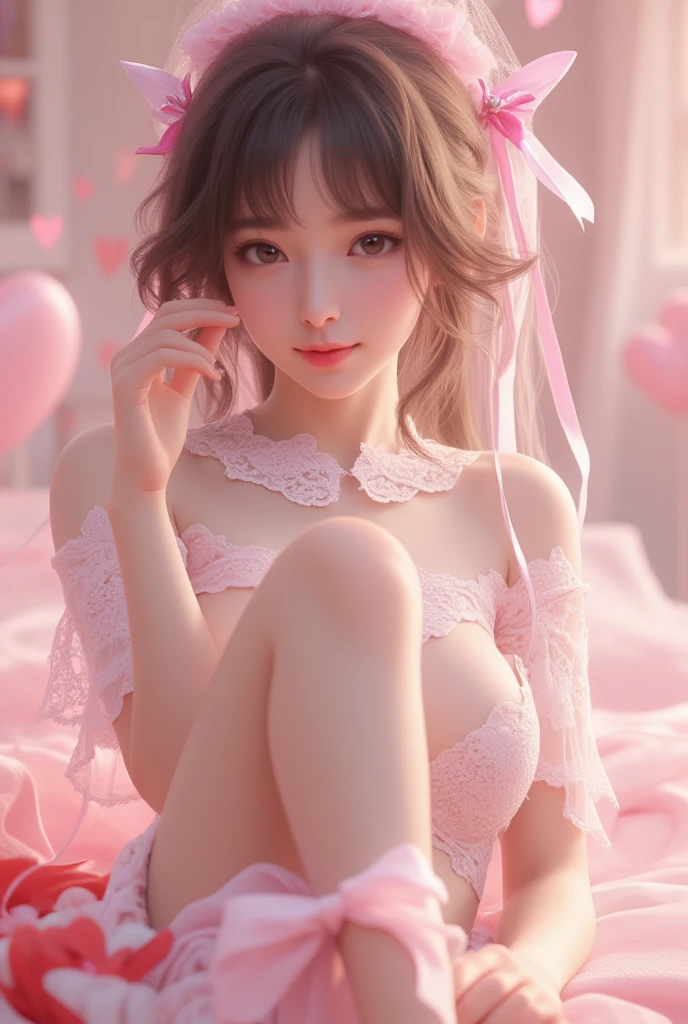 a baby girl, chibi, human short hair, brown eyes, playing with a flower garland, pixar style, pastel colors, delicate human 3d rendering, sunlight