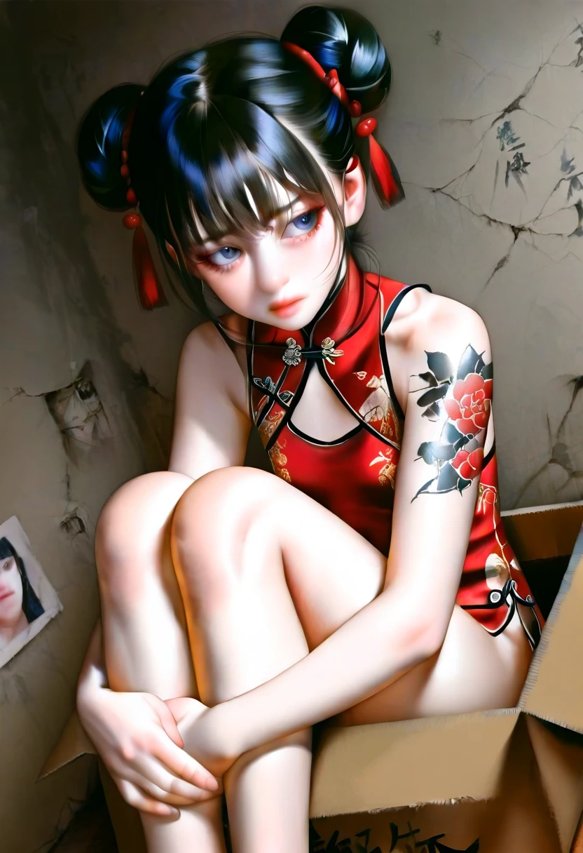 masterpiece, highly detailed, best quality, 1girl, solo, Luna, black hair, loose low tied hair, red eyes, distracted