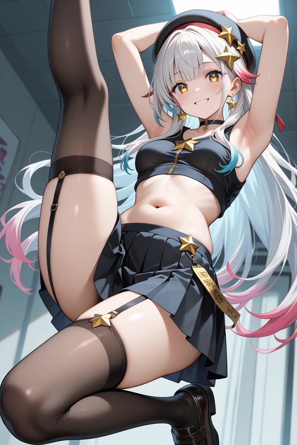 (8K、Best quality、tmasterpiece:1.2)、(Endless realism、Photorealsitic:1.37)、hyper-detailing,(8K, Best quality at best, tmasterpiece:1.2),\(Eyes detailed\),\(facial feature\),(\(Clothes detail details\)\),1 girl,Alone,(pale-skinned:1.3),Slim,The faintly visible collarbone,vaguely visible ribs,Small under breasts,Wear a cropped vest,navel,fabric hot pants,groin,A beautyful girl
