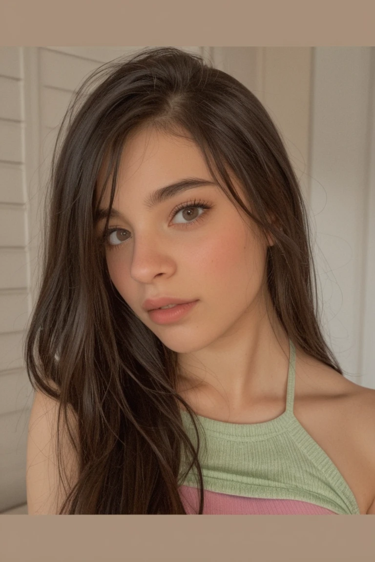 21 year old brunette girl of Latina type, slightly slanted green eyes, small nose and full lips