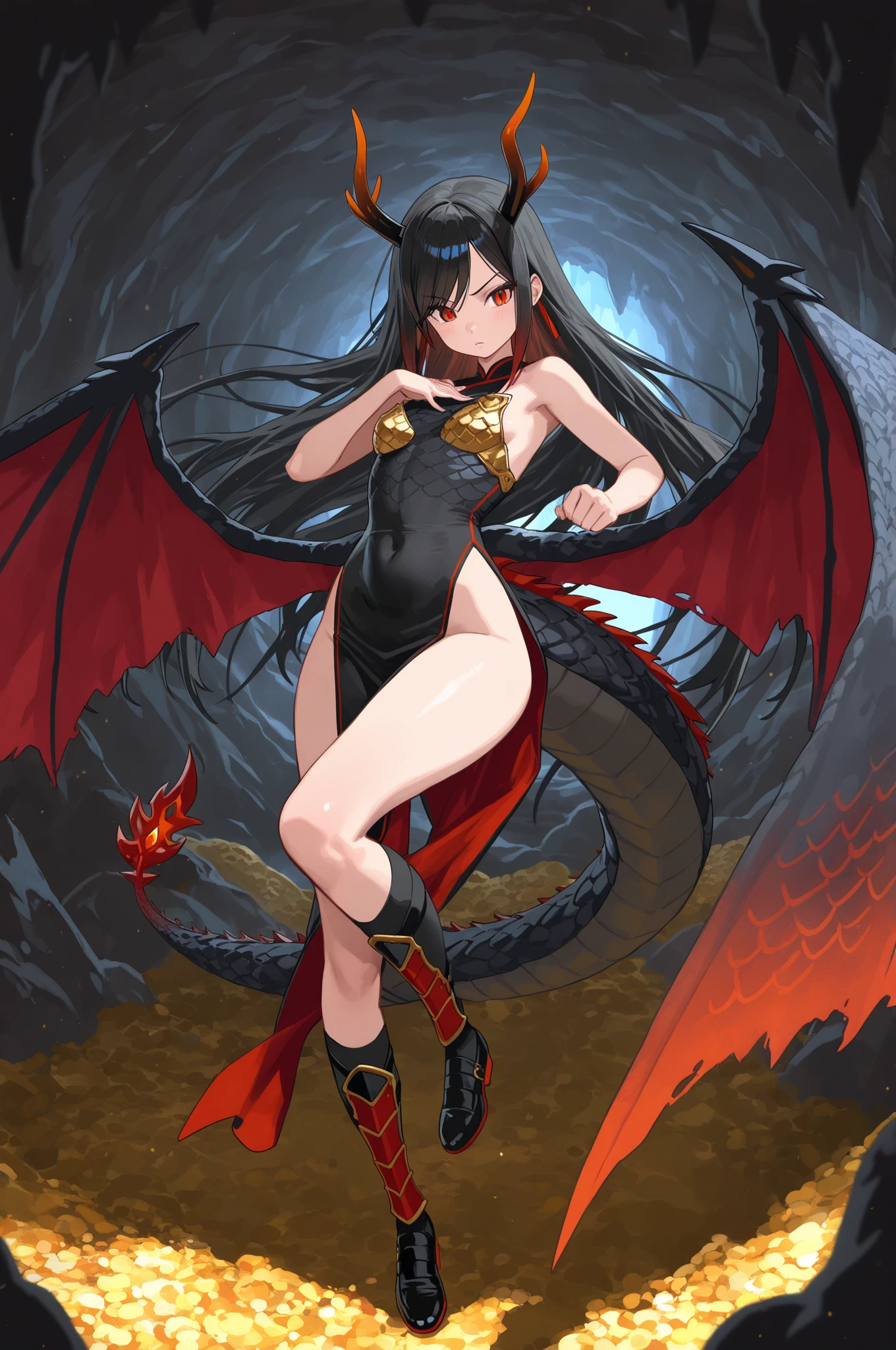 dragon woman, red scales , dragon horns, dragon tail, dragon wings, black hair, very long hair, yellow eyes, wide hips, thick thighs, solo, black kimono, sitting, looking at viewer, hot springs, fog, night, absurdres, masterpiece high quality, best quality