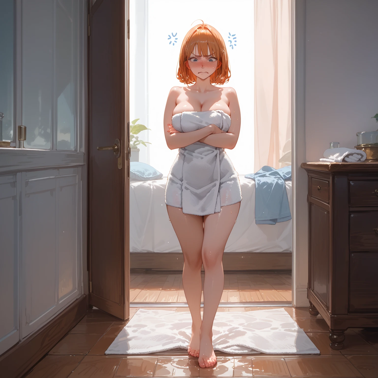 a blond、short-hair、girl with、View of the lower body from the inseam、bath robe、flat chest、Thin pubic hair、Beautiful open legs