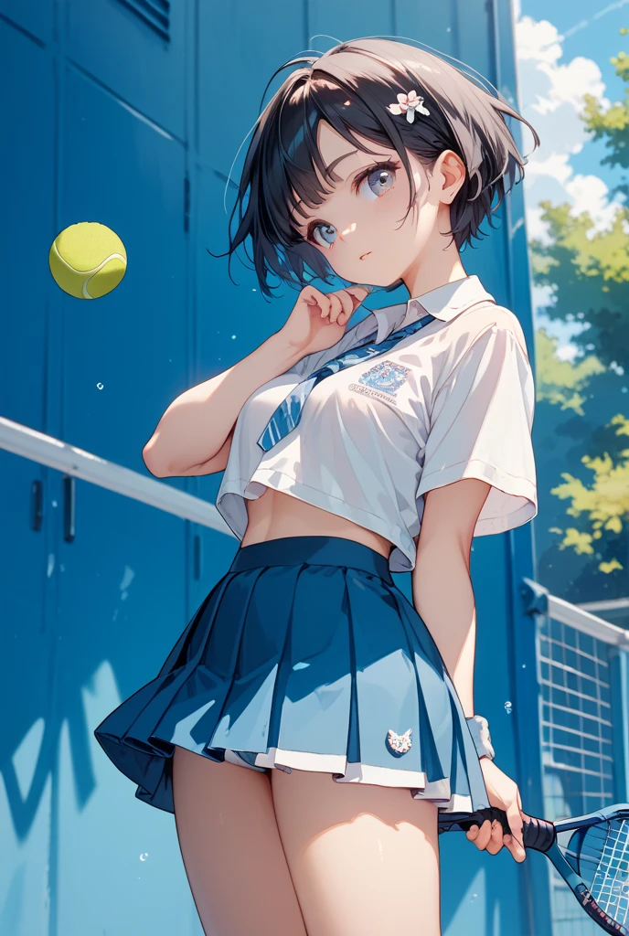Small nipples、((Erect nipples))、Official Art, unity 8k wallpaper, Very detailed, masterpiece, highest quality, 1 female, (Very detailed),(RAW Photos、highest quality)、(Realistic、Photorealistic:1.3)、Attention to detail、顔のVery detailed複雑な 3D レンダリング、(Very detailed肌:1.2)、Dynamic Angle, Fire glow effect, Professional Lighting, Side light, Cinematic Light, 超A high resolution, 8k , Film Grain,Best Shadow, Particles of light, Fine skin, Detailed face, Intricate details, Very detailed, Shine, please remember、whole body, Tennis court、Beautiful Face、Blurred Background、18 year old beautiful girl、Shiny skin、thin、Nice body、Delicate body、Thin legs、Narrow waist、Tennis uniform、White panties、Sweat、Daytime、