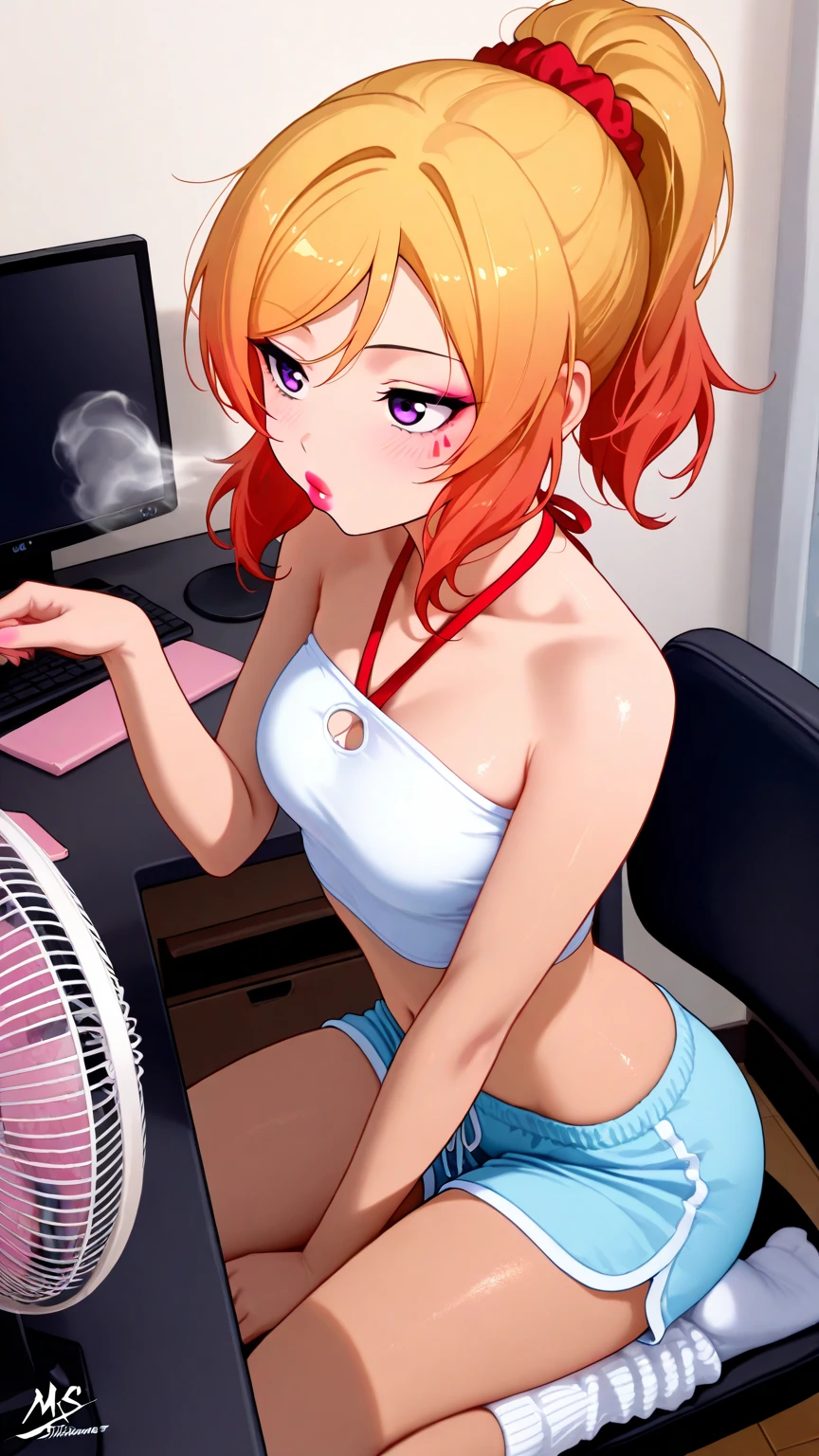 girl,(synthwave,dusk,shaded),(undressing:1.4),(peaceful,chill,sparkles,indoors,prettify),Idol Concert Background,Leaning Forward,Bob Hair,green Vest,lime Lace skirt,lyrical nanoha,(masterpiece,detailed,highres,vibrant:1.4) <lora:3shot:0.6>
