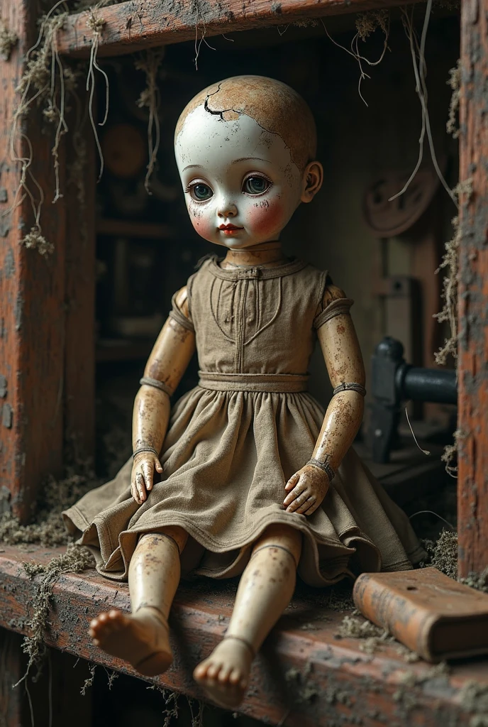 Realistic detailed photography An ancient thin cloth doll in old, gothic clothes, in a dirty, old wooden house