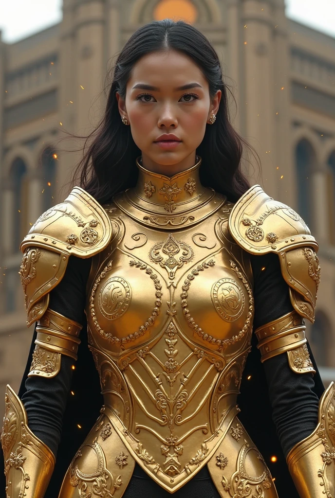 ((best quality)), ((masterpiece)), (detailed), Zendaya Coleman with striking amber eyes, messy bun, burn scar on right cheek, dressed in sleek gold armor over tunic and pants, no makeup, heavily armed, medieval fantasy, bright amber eyes
