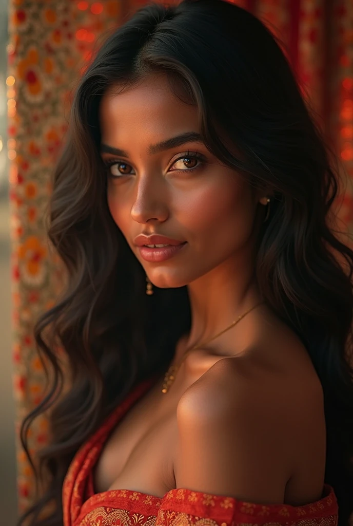 "Create an image of a beautiful Indian girl wearing a stylish top with a vibrant red coat over it. The girl should have eyes similar to Shraddha Kapoor's—large, expressive, and captivating. She should be depicted as the epitome of Indian beauty, with a warm, glowing complexion, long wavy hair, and a face that exudes both innocence and confidence. The background should be soft and elegant to keep the focus on her stunning appearance."