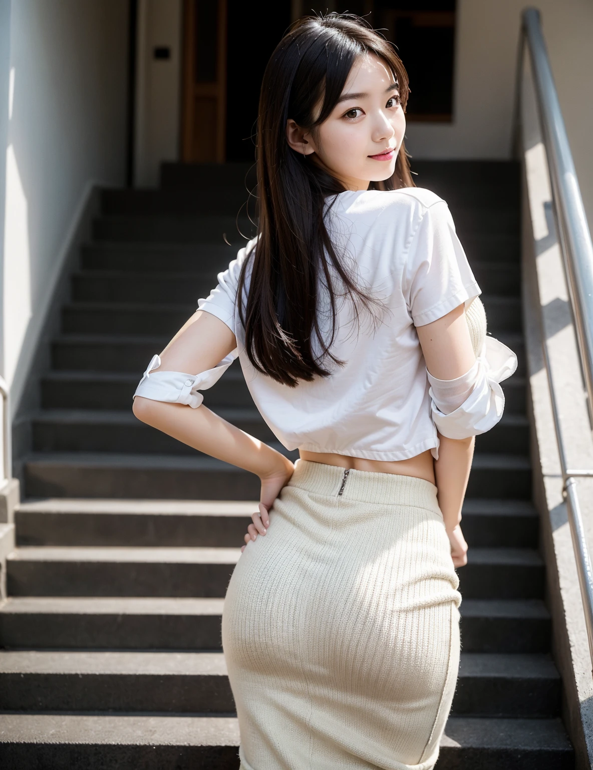 (Cute Japanese Girl), At work, Sexy 18 year old girl, (whole body), (The cutest face), Thin chest, Hair Bun, skirt, (((Thighs))), White blouse, Vivid depiction, I look down at her from behind, protruding butt coverd by skirt, She stands with her back to me, smile, 