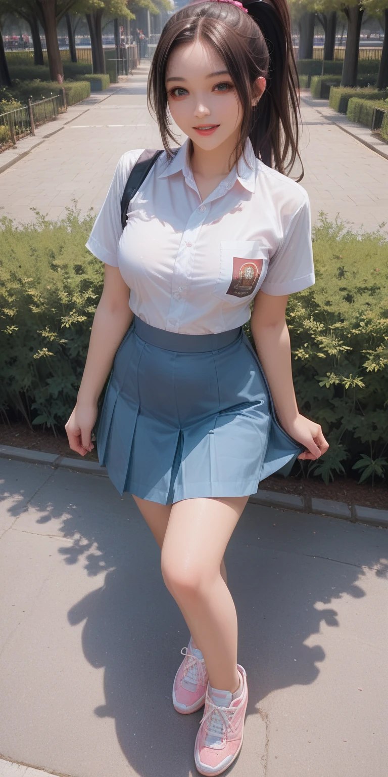 Very detailed、masterpiece、Highest quality、Ultra-high resolution、8K High Resolution、Photogenic transparency、Detailed eyes、Gradation、Perfect anatomical figure ,hard disk、Hmph , Nikon Z9 80mm Lens , Tabletop、Street in front of Tokyo Station、Standing model、shirt、(school uniform:1.5)、(((Skirts must be worn)))、(((Lift the hem of a skirt)))、Panty Focus、Too bright natural light、sunlight、(((While standing, She lifts her skirt to show her pussy to the camera.)))、(((Beautiful and white teeth)))、(((Raise your skirt higher and higher,Show your pussy to the camera)))、Ultra slim body、(Big Breasts:1.3)、Slim model body shape、Beautiful posture、Wearing a collar、Earrings、Earrings、((Navy Blue Skirt))、crowd、Erect nipples、ponytail,shaved pussy