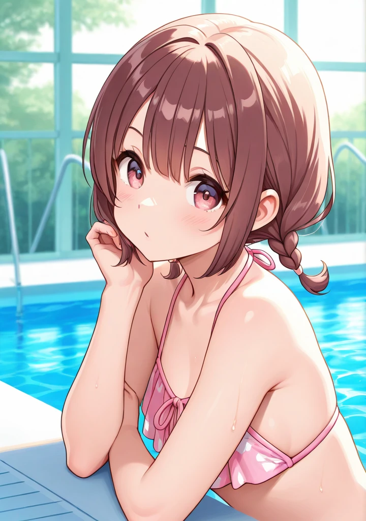 alone, One girl, Yunyun、blush 、View your viewers, Crown braids of the same color as your hair, Red Eyes、hair ornaments, Hair Ribbon, (White and pink bikini)、(Girl floating on her back on the surface of the pool:1.2)、So wet、(A pleasant expression:1.4)、The whole body is visible