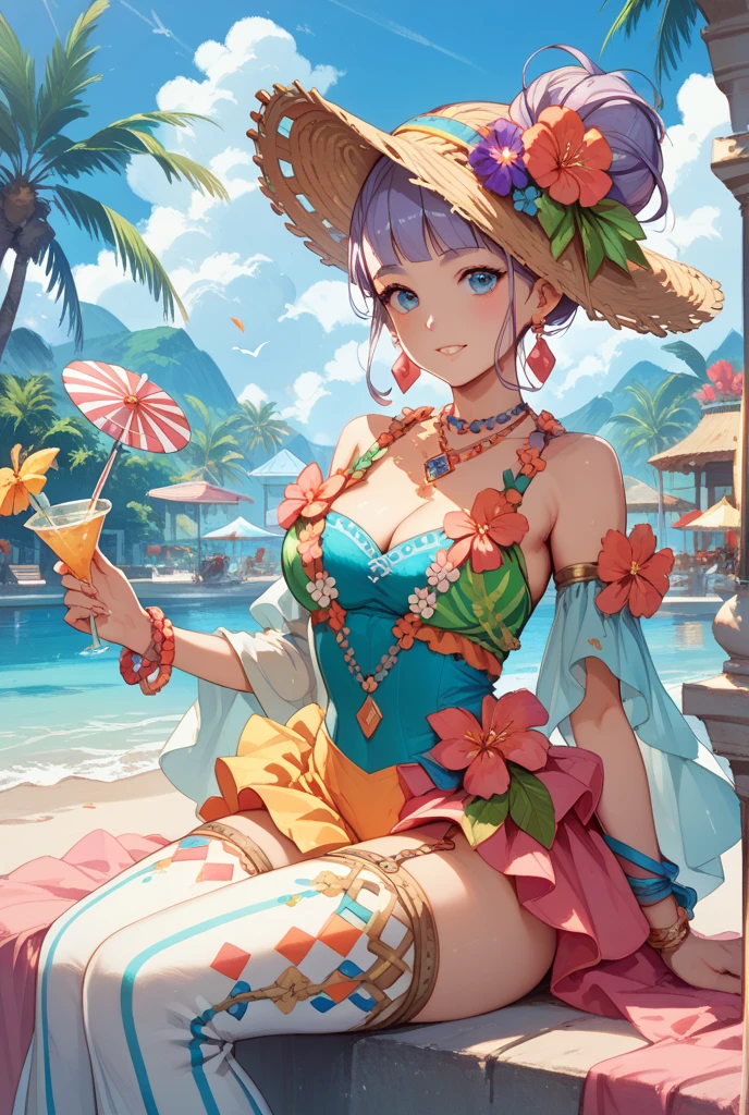 1girl, beach, large breasts, standing, <lora:gunnthra-08:0.7> detailed face, detailed eyes, clear eyes
gunnthrasummer, jewelry, swimsuit, flower, earrings, petals, blue bikini top, white panties, head wreath, sarong, holdind coconut, drinking straw