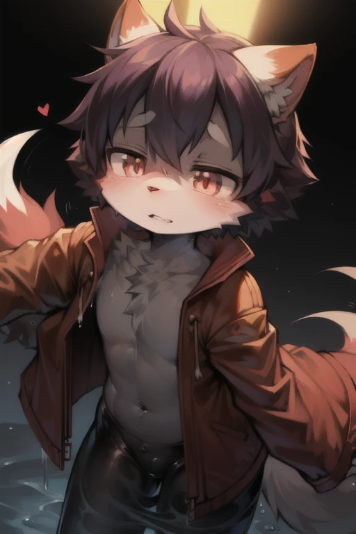 1 boy, Wolf,young people,black fur,topless,Plain white briefs,Squatting,Top view,blush