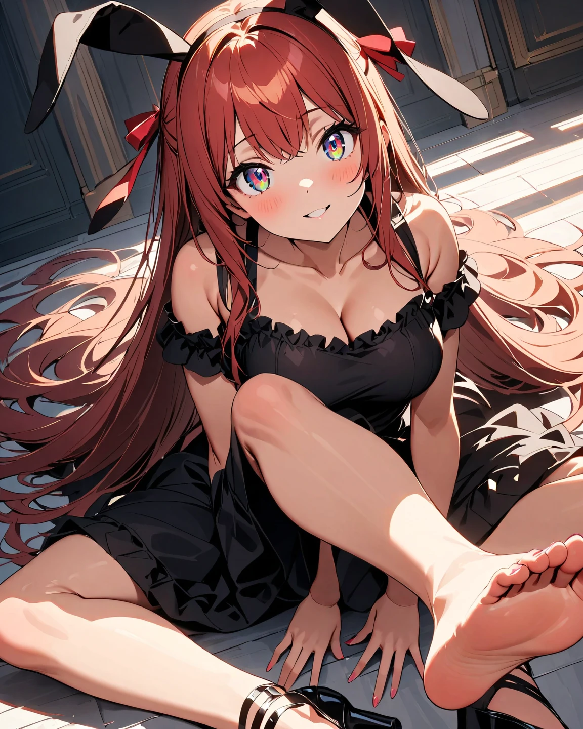 1girl, Anime girl with long hair, (((bra and panties))), anime moe art style, Anime visuals of cute girls, Anime Best Girl, itsuki nakano fanart, pretty anime girl, Smooth Anime CG Art, Seductive Anime Girl, charming anime girls, Cute anime girl, Shining eyes, big boobs, (((((crouching))))), ((looking at viewer)), (((((ashamed))))), close up, bunny ears, red hair, blue eyes, ((((thick thighs)))), ((spreading legs))