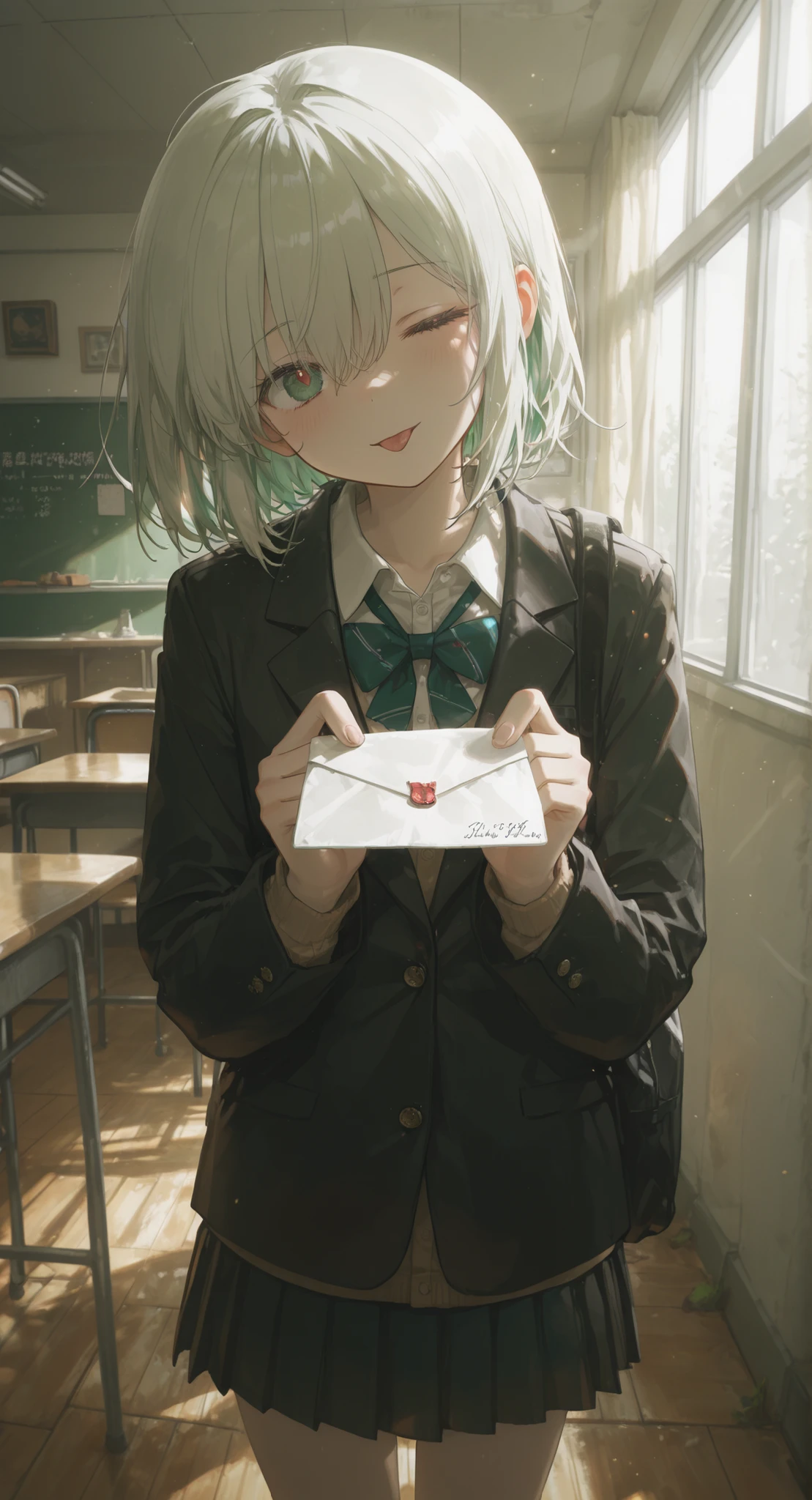 (masterpiece, best quality, absurdres, highres), amazing quality, very aesthetic, (volumetric lighting), digital art style, drawn aesthetic, concept painting, ultrahigh definition, amazing quality, very aesthetic,absurdres, newest, artist:moriimee, 748cmstyle, usnr, BREAK cute,1girl,white hair,green hair,bob cut,gradient hair,school uniform,white shirt,looking at viewer, parted lips, incoming letter, tongue out, wink, head tilt, ,(artist:sho \(sho lwlw\):0.95),