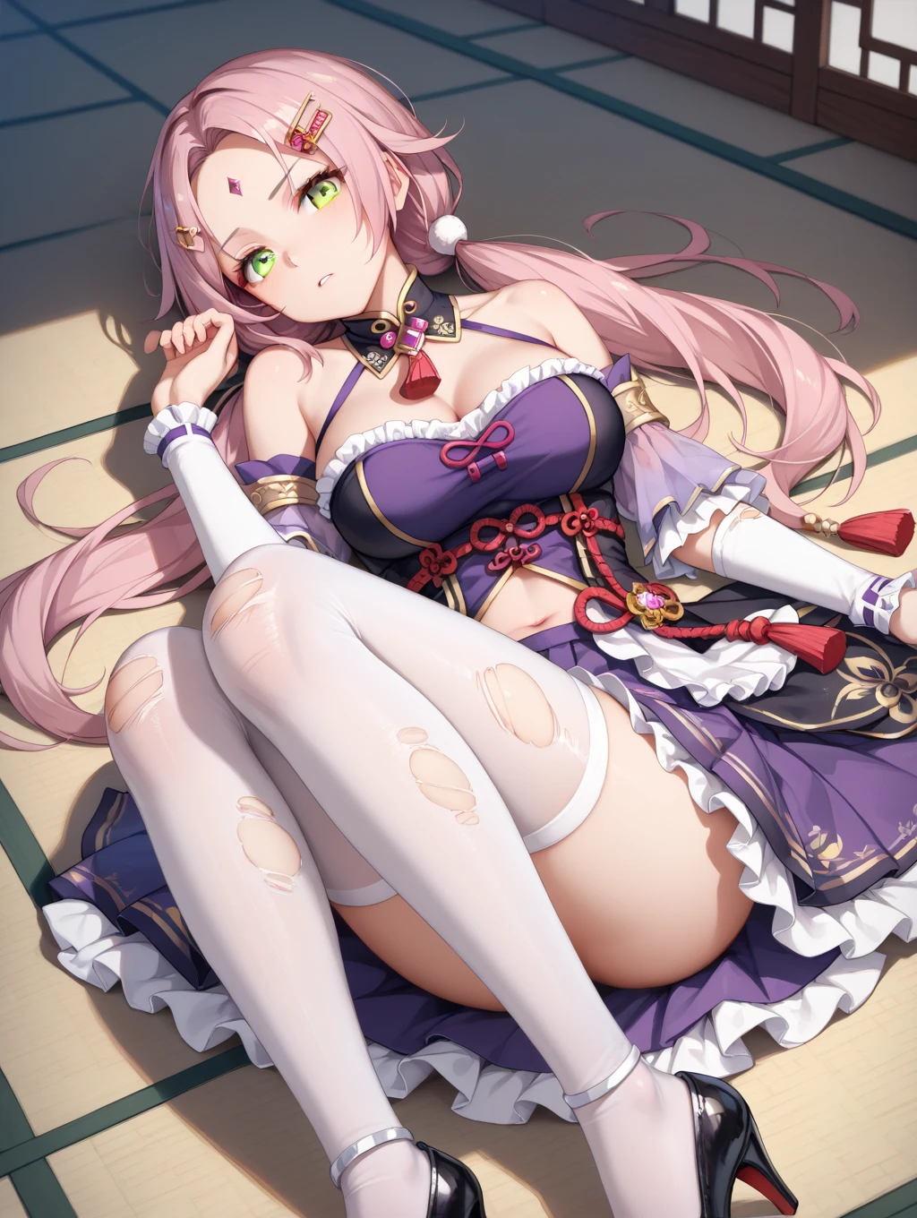 （resoulution ultra-fine CG unity 8k wallpaper，A Masterpiece，Bestquality，Hyperdetailed，The details are intricate），（Best Illumination，best shadows，Extremely refined and beautiful），Bloom，afloat，High Saturation，Perfect female body dynamic angle，（ 1 girl Girl), gorgeous, sangonomiya kokomi, looks at the viewer, Light smile, Purple eye, headdress, Gradient hair, PINK HAIR, long long hair, Bow, White printed stockings，Purple bow，Hyperdetailed，fulllllbody