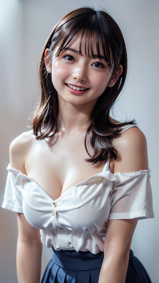 (RAW photo、highest quality)、(realistic、Photoreal:1.3)、highest quality、masterpiece、very delicate and beautiful、A hvery detailed、nffsw、2k wallpaper、growing up、Beautiful in every detail、masterpiece、light smile、highest quality、8K wallpapers、huge file size、Super detailed、High resolution、very detailed、((Euphoric look))、((orgasm:1.2))、((smile:1.15))、((sweating:1.4))、((translucent:1.55、Characterized by a collar that sticks to your skin and a beautiful silhouette、super cute girl,(spread your legs wide), (Pull your hips back), (Arch the upper body), and place your left hand on your hip.、Right hand salutes with two fingers、Hair is moving、Spotlight、professional lighting、cinematic light、Three-dimensional、viewer'perspective、show her naked body ,long hair