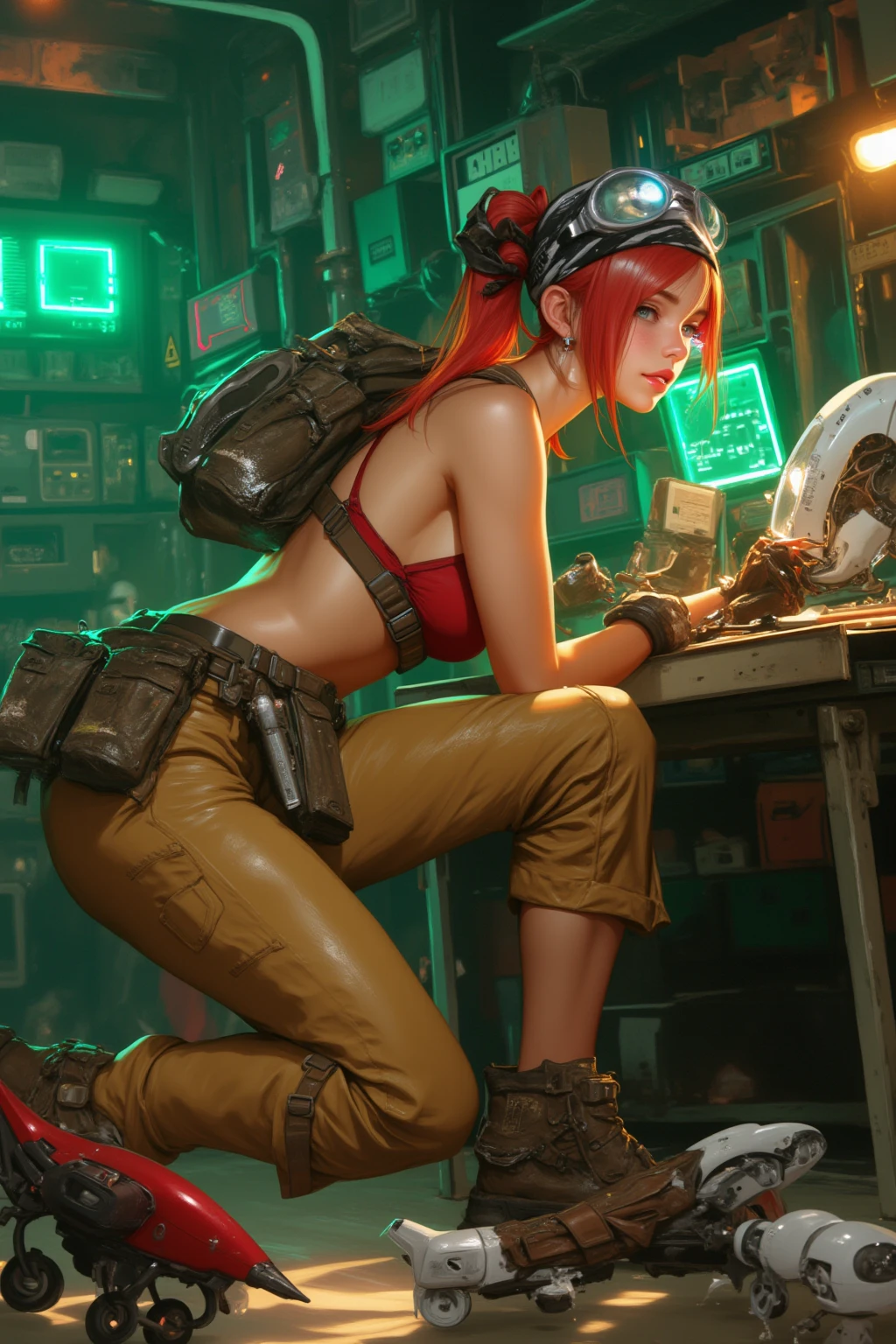 ((shooting pistol)),((target practice, shooting range:1.4)).(sultry eyes, flirty smile:1.2).(ultra realistic illustration:1.3).Sexy 23yo French woman, dyed red hair, green eyes. fit, natural perky breasts, perfect round ass, (suntan). (bangs, long hair:0.8), red lipstick, ponytail, ((safety goggles, headphones)), choker, lace tank top, jeans, high heels. Masterpiece, best quality,(highly detailed:1.2),(detailed face and eyes:1.2), 8k wallpaper, depth of field, natural lighting. core shadows, high contrast, bokeh.(rule of thirds), cinematic, atmospheric, contrast, intricate,