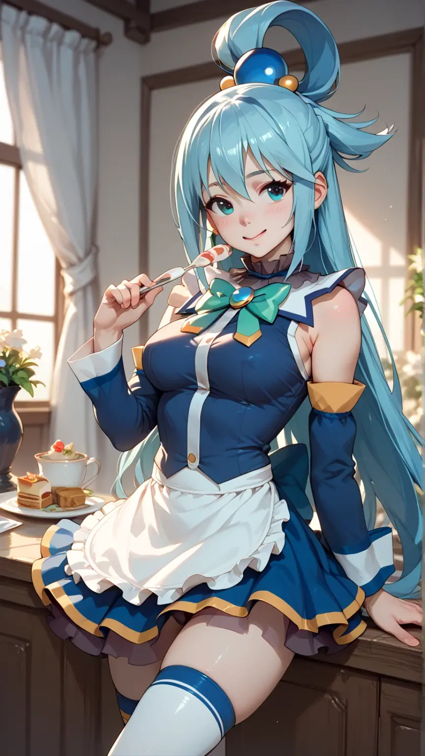 Super Idol　A beautiful girl in a sparkling maid cafe　A charming smile　sky blue hair　length hair　Twin-tailed　Cafe in a bright forest　It keeps raining　Sparkly and colorful maid leotard　facing front