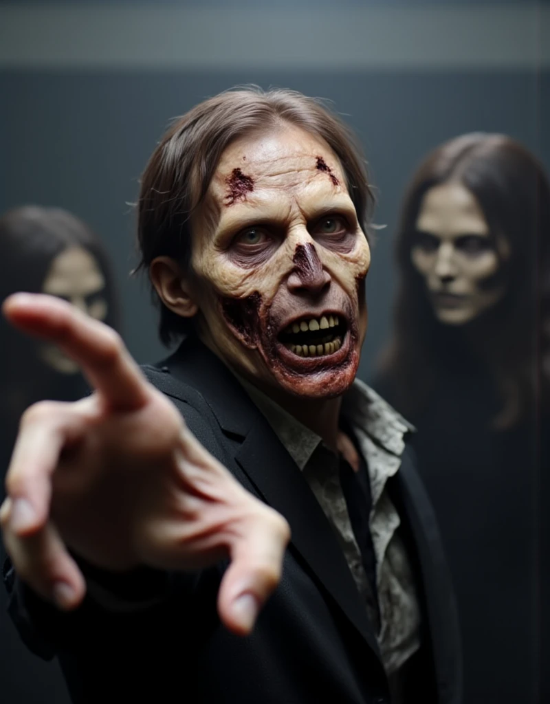 A 40-year-old priest with a terrified expression is desperately trying to pray. He is shown from the side, with a possessed and horrifying woman leaning out from behind his shoulder. Her grotesque, demonic features and hollow eyes make her presence unmistakable. Her skeletal, claw-like hands grip his arm with a sinister force. The atmosphere is intensely creepy and oppressive, with a dark, shadowy background and minimal, eerie lighting to enhance the feeling of dread and horror."