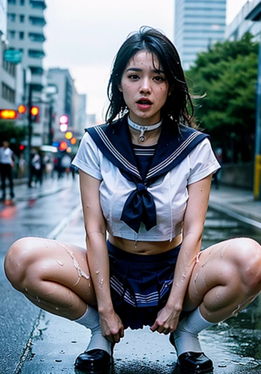 （8k、Ultra high definition、masterpiece、Anatomically correct、Textured skin、High resolution、highest quality、high resolution、Professional Lighting、）(With bangs、Gal、Tanned brown skin、、Dark eyeshadow、Dark eyeliner、Patsun、Twin tails、Bunhead、Thin eyebrows、Black socks、),Blonde、Blue Eyes、uniform、Smiling beautiful face、Wearing a sailor uniform、あどけない幼さの残る女子高生のuniform美少女、Dripping sweat、Sweating a lot、White panties、Panties are soaked、(vaginal),(missionary vaginal),bukkake,(cum on face),(cum in mouth)、(cum on body),bukkake、Having sex、Her panties are transparent and her genitals are visible、Wearing a sailor uniform、Smaller nipples、Pink nipples、Nipples are visible、Nipples are erect、Pink areola、((A mature woman embraced by an older man)),((Tongue kiss)),(Tangled),( She wears thongs)，,Delicate lip detail，Trending on Art Station, Intricate facial details,Curvaceous physique, (Thick body),Vibrant, 4k, 12k resolution,Captivating smile、
