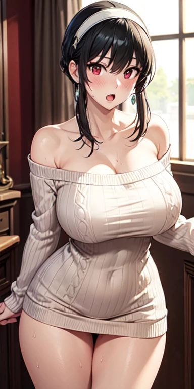 (wallpaper,8k), (masterpiece, Beautiful lighting, Vibrant, highest quality), 1 female, alone, Short black hair, Messy Hair , One-shoulder knit sweater dress, indoor, night:1.8, Super big boobs、bedroom