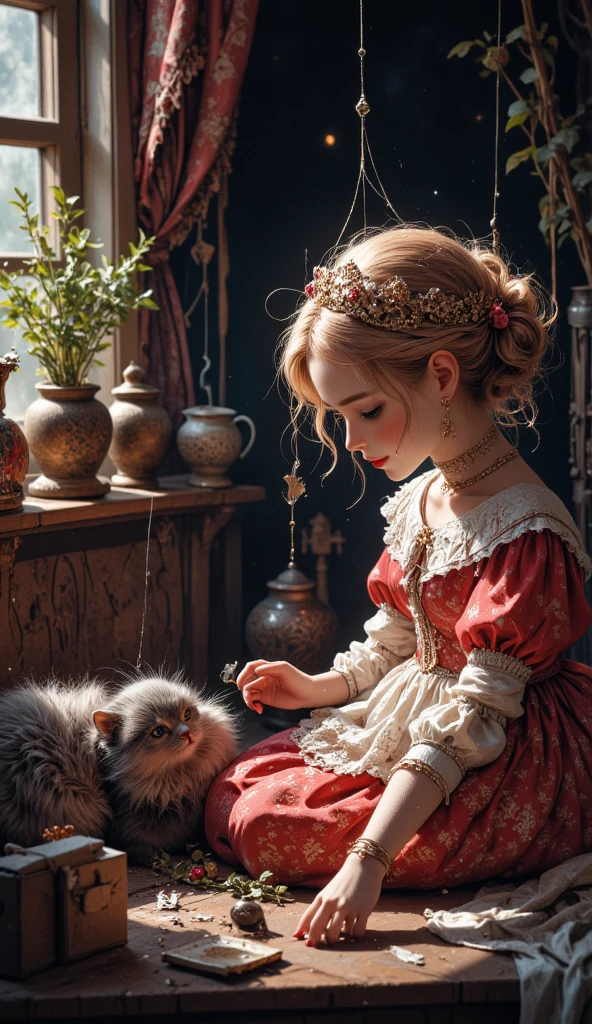 Girl in good medieval dress sits inside the dark medieval castle and holds a cute kittens on her knees