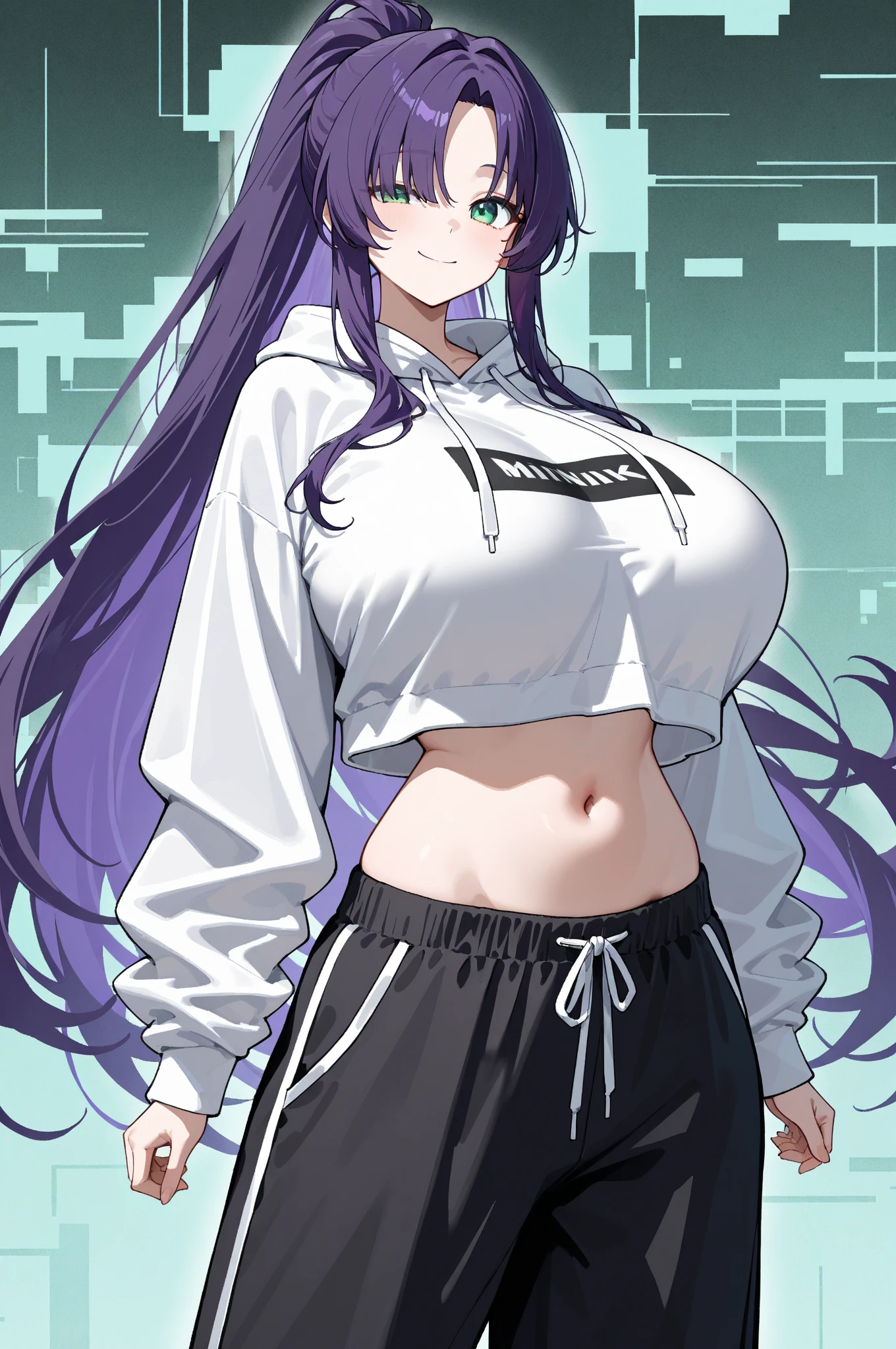 ((8k,masterpiece, best quality, highres)) 1Woman, Big breasts, Detailed body, sexy, purple eyes, purple long hair, big thighs, purple witch hat, purple jacket, black gym crop, black gym shorts, Sensual look, sensual body, hot, Taking down the shorts showing the panties(cartoon-style bold line work:1.2), vibrant colors, cel shading,