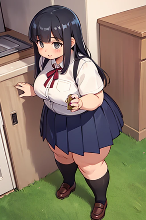 detailed illustration, dynamic angle, ultra-detailed, illustration, 1girl, mid 20’s year old Chinese American woman, during the day, in a fancy home, standing in the kitchen , wood paneled walls, beautiful dark wood floors, oriental rugs, obese and thicc, silk waist-long dark hair , big round firm belly, 350 lbs+ weight, 6’ tall, strained shirt, soft smile, look cute, tight clothes, tight short skirt, very wealthy looking, tall, grey eyes, anime eyes, thigh high stockings, bare upper thighs, protruding belly,