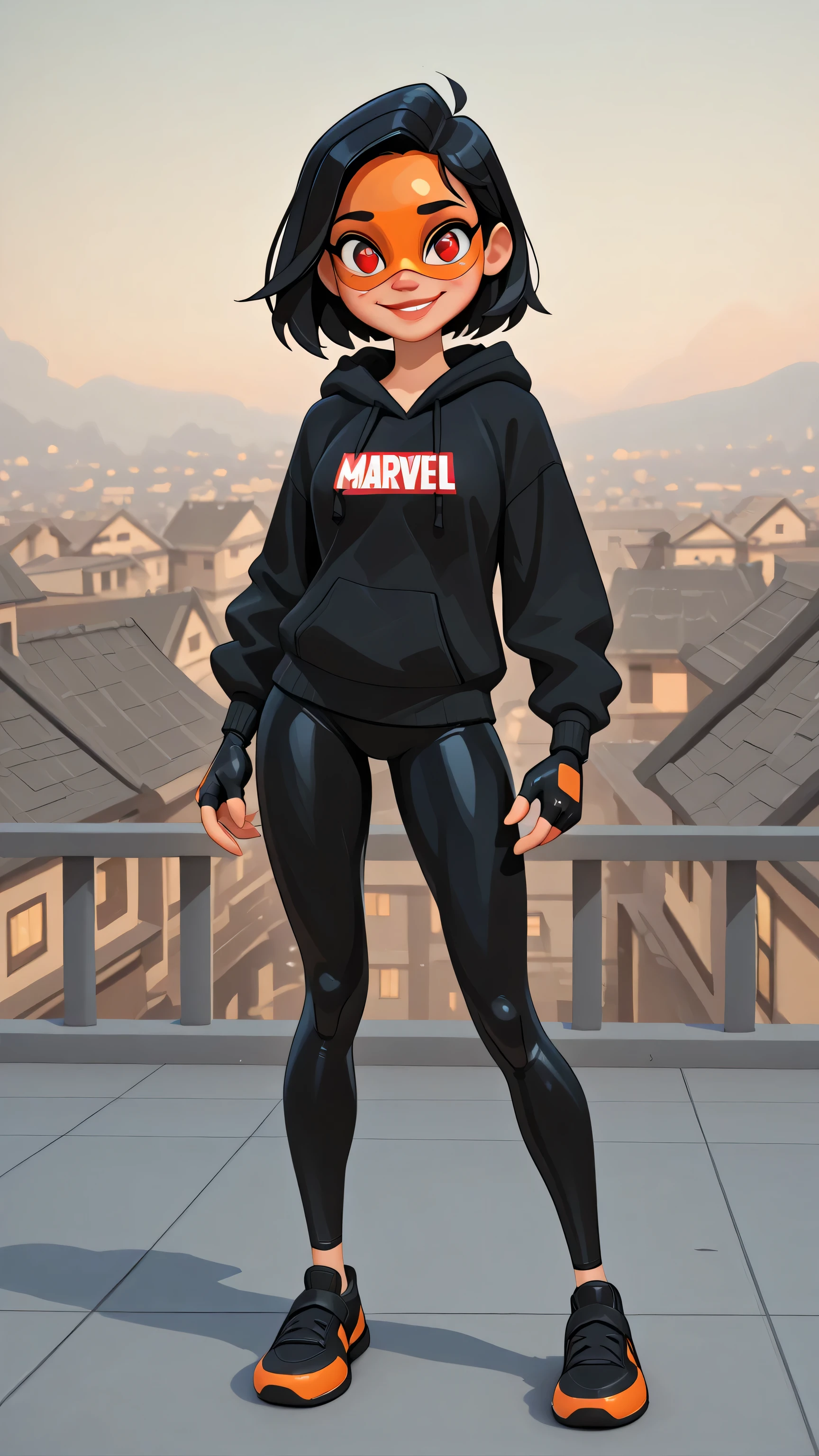 A 18-years-old Indian teenage girl, brown skin, beautiful and cute, slim body , black short hair, smiling. Fingerless gloves, wearing black hoodie with orange lines and black leggings with sports shoes. Wearing a full orange cat mask. Standing in a hero pose on a rooftop building in Bhubaneswar at dawn. Her eyes glow faintly. A streetlight casts shadows. She looks nervous but proud. Rural Indian city behind her. Comic-style realism with warm cinematic colors, 3D animation style, Marvel rivals style, illustration, 8K ultra HD, high quality, dynamic hero pose, no-tail, no-cape, Black bold outlines