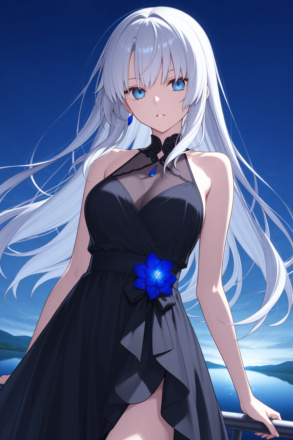 （masterpiece）、(highest quality)、((Super detailed))、(super delicate)、cute、Pastel colors hair、beautiful breasts、Gorgeous、Fantastic forest and starry sky、Golden, silver, and deep blue dress、look up from below