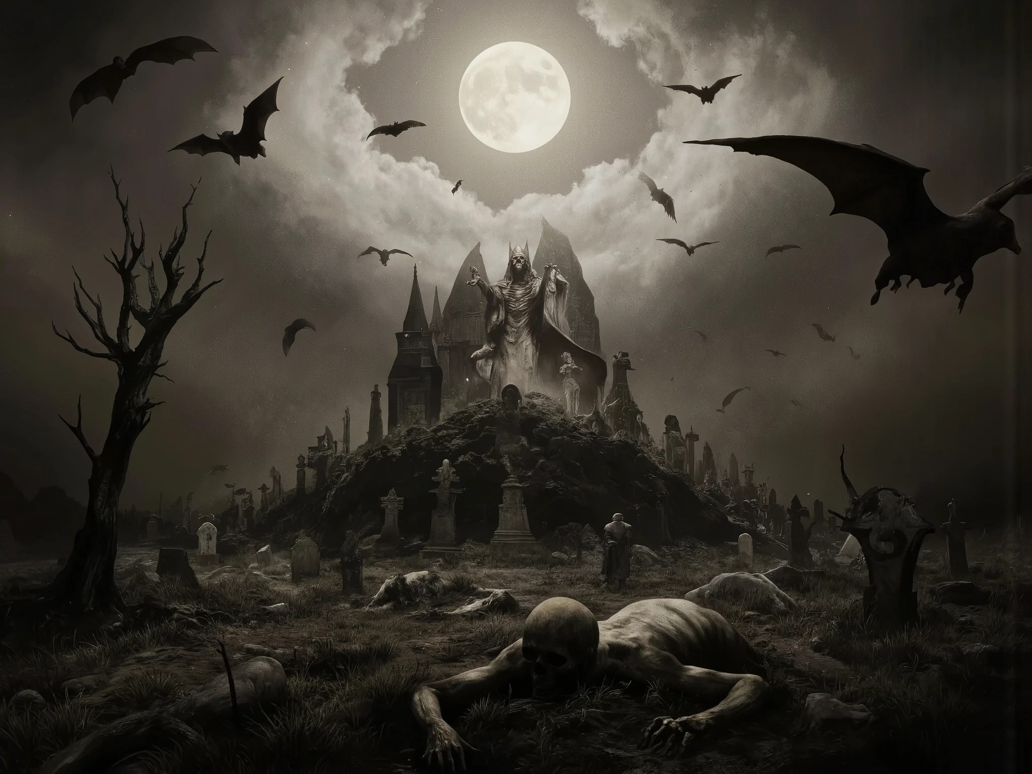 King of Undead Rich、disaster々Resurrected、Terrible Atmosphere、High Definition、8k、4k、Resurrected Undead、Dark Lord、Rich King、Cemetery、Minions Andett crawl out of the ground、Bats fly、 full moon、LOTR、dark fantasy