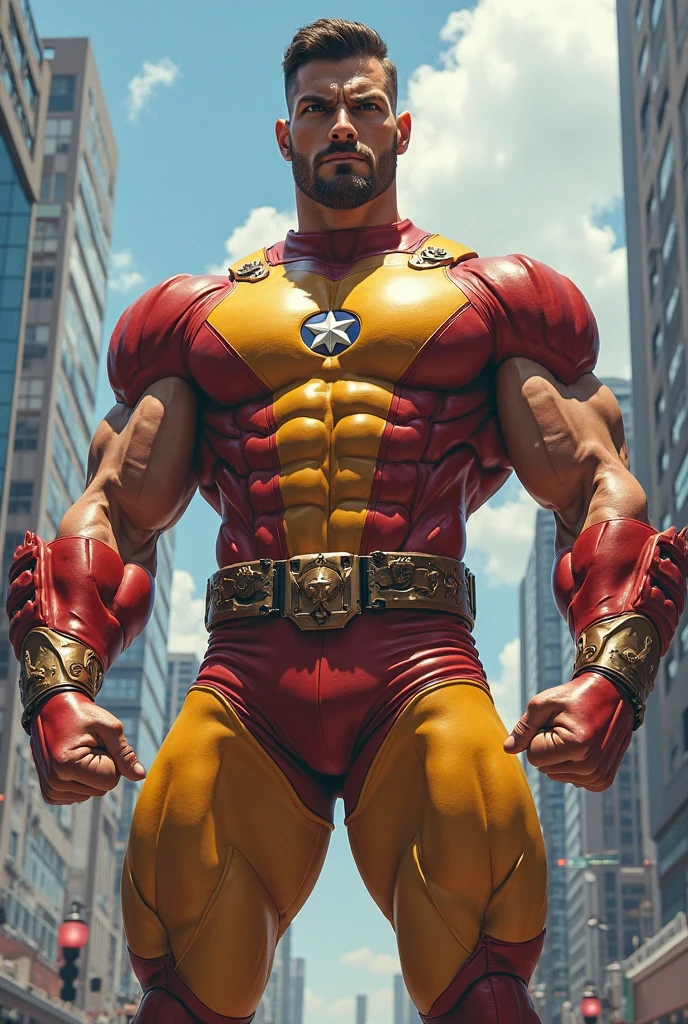 create a new superhero blonde great muscles and with the spanish flag