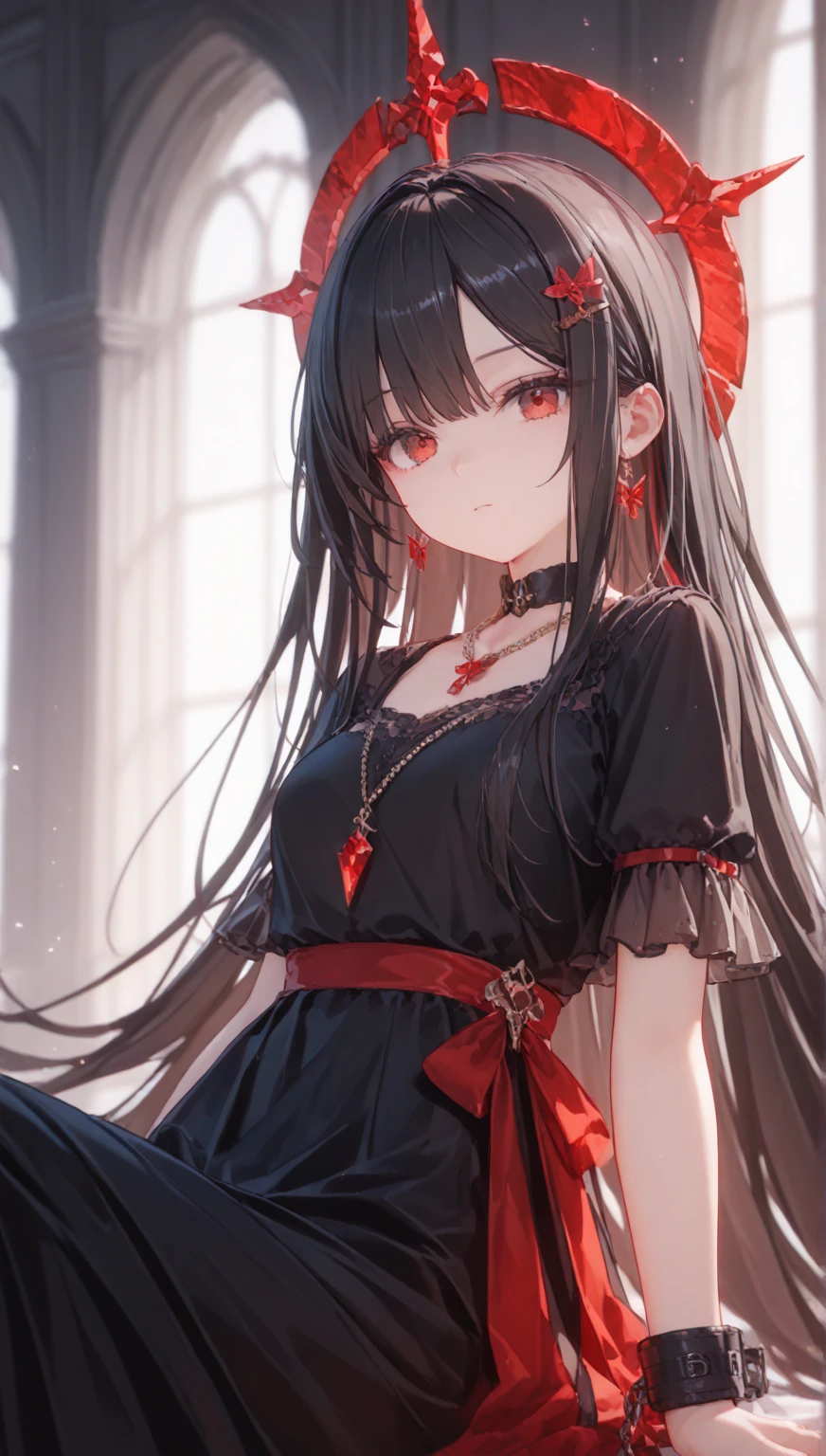 Highest quality, 8K, 4K, High resolution, High Contrast, The upper body is visible,1girl,only,Beautiful and colorful hair,Half Up Hair,(Beautifully detailed face), Red, clear eyes, beautiful eyes, Slanted Eyes,２０generation, Small breasts, night, The clothes are mainly black, Sitting, god々Old castle