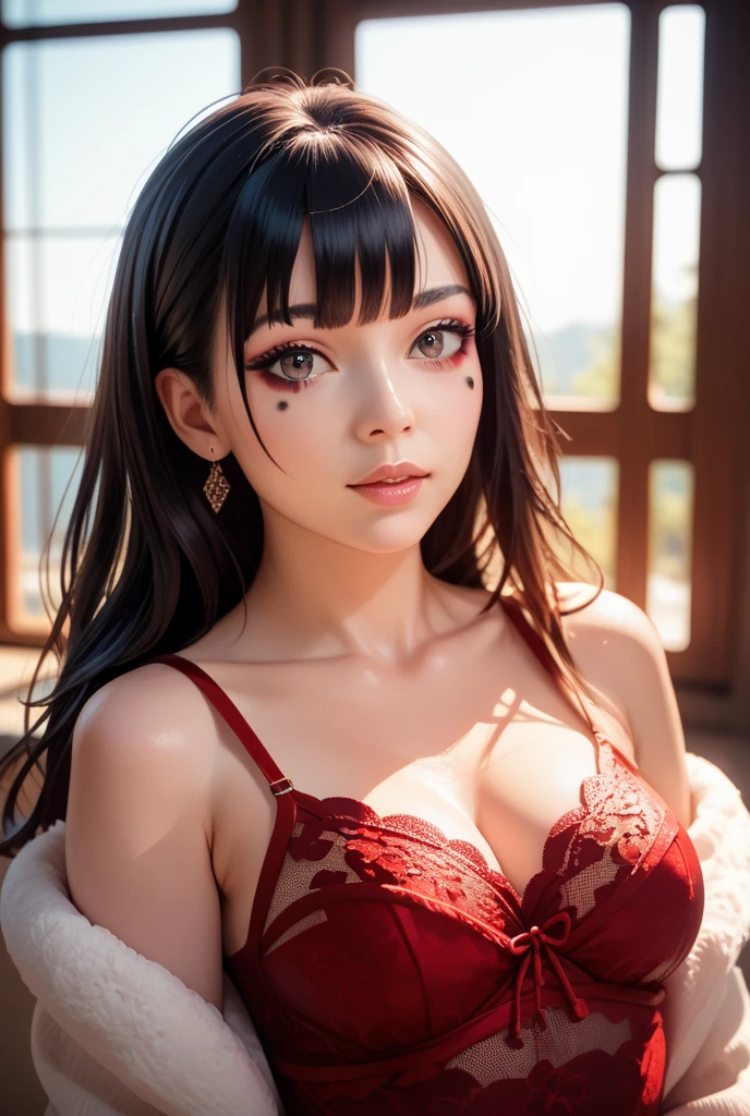 (45year old，Red lips、hime_cut)、 absurderes、Flat Lighting、realisticlying、ultra-detailliert、bright colour、beautiful detailed eyes、perfect eyes、detailed hair、1 woman、(black hair、jet black eyes)、Delicate beautiful face，Bodystocking、Cleavage emphasis，Blushing，A sexy，Bed sit，separated-lips wide、 dramatic angle
