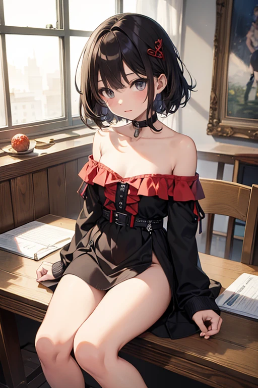 Woman, best qualityer, work of art, chestnut hair, short curly hair, beltskirt, jewerly, wart_under_Ojo, gazing_phi_viewer, frilled_hair elastic,aretes
