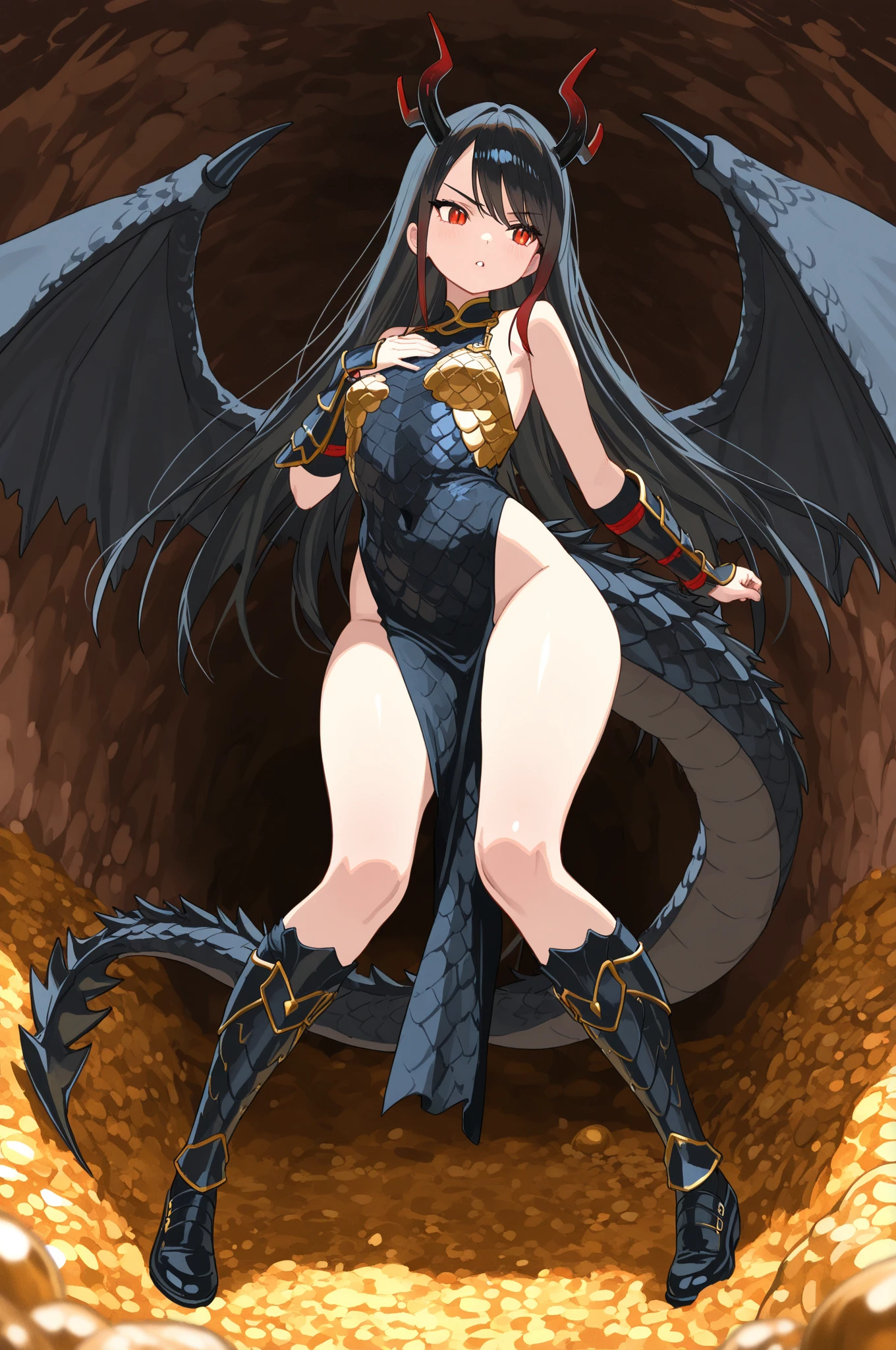 ((Highest quality、unity 8k wallpaper、32k、masterpiece、Very detailed、Ultra-high resolution、Ultra-high resolution、 Very detailedな顔, RAW Photos, Professional, Ultra-fine painting, Anatomically Correct Dragon Girl)) Yui Kotegawa transforms into a Blue Dragon,  kotegawayui, Long black hair, Yellow Eyes, ((Reptile Eyeouth with sharp fangs,、(((Impressive lizard tail extending from tailbone))) 、(((Giant blue bat wings growing from the shoulder blades on his back)))、((Dragon legs with sharp claws、Covered in fine scales from the toes to the thighs、Covered in fine blue scales from fingertips to shoulders、Long nails on the fingertips))、Nipples are fully visible、(The boundary between the scales and the skin is unclear)、((A small fin on the spine that continues to the tail))、
