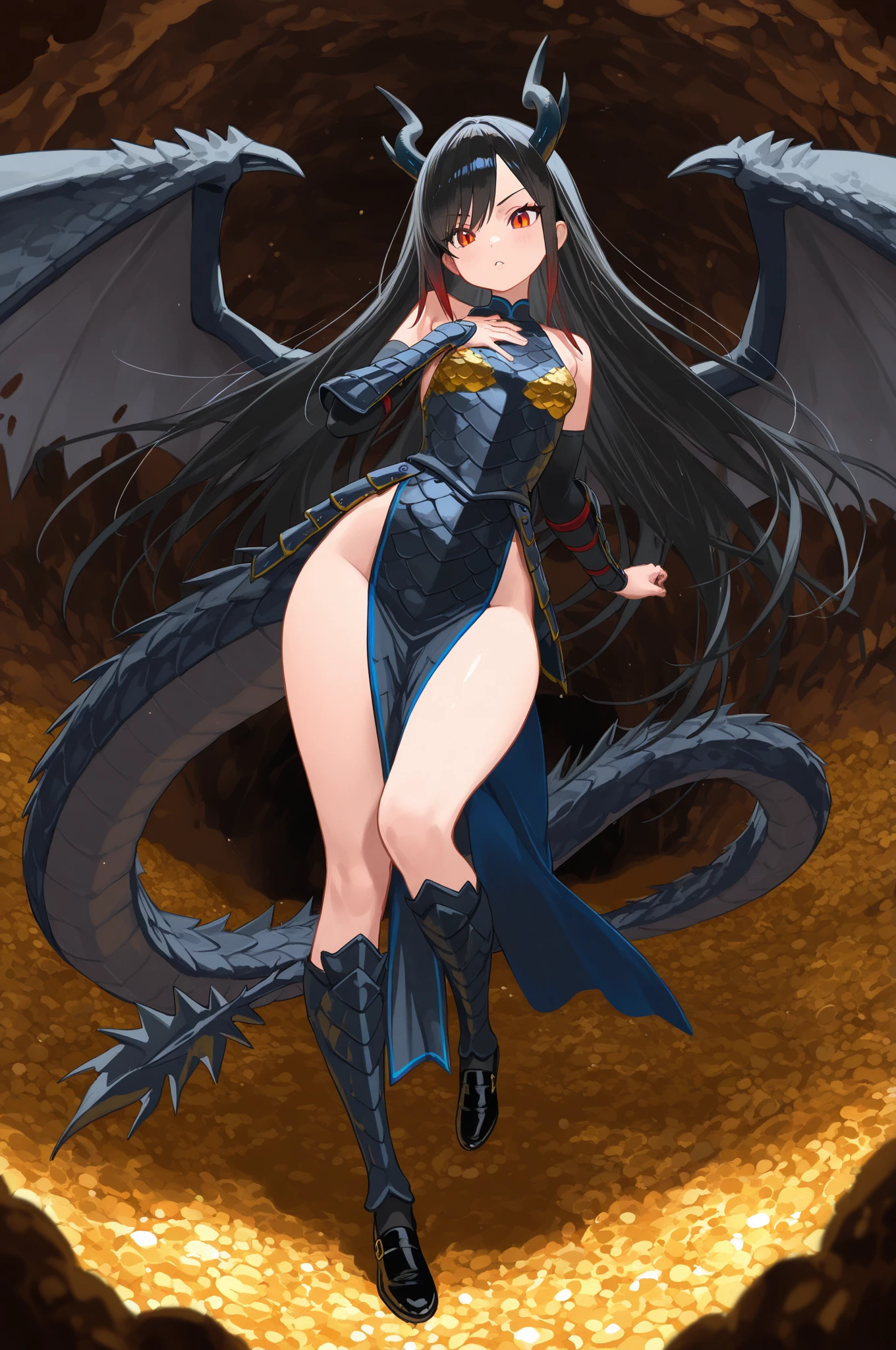 ((Highest quality、unity 8k wallpaper、32k、masterpiece、Very detailed、Ultra-high resolution、Ultra-high resolution、 Very detailedな顔, RAW Photos, Professional, Ultra-fine painting, Anatomically Correct Lizard Girl)) Yui Kotegawa transforms into a Blue Dragon, kotegawayui, Long black hair, Yellow Eyes, ((Reptile Eyes))、mouth with sharp fangs,、(From shoulder to collarbone、It is covered with fine scales up to its neck.)、(((In the ass、Juxtaposition, Impressive lizard tail stretching from tailbone to spine))) 、((Dragon legs with sharp claws、Fine blue scales that stretch like socks down to the thighs、Fine blue scales that grow like long gloves、Long nails))、Nipples are fully visible、((There are fine scales on the sides、It has fine blue scales growing around its waist..., Scales on the back、Scales from flank to thigh))、(The boundary between the scales and the skin is unclear)、((A small fin on the spine that continues to the tail))、(((Giant blue bat wings growing from the shoulder blades on his back)))