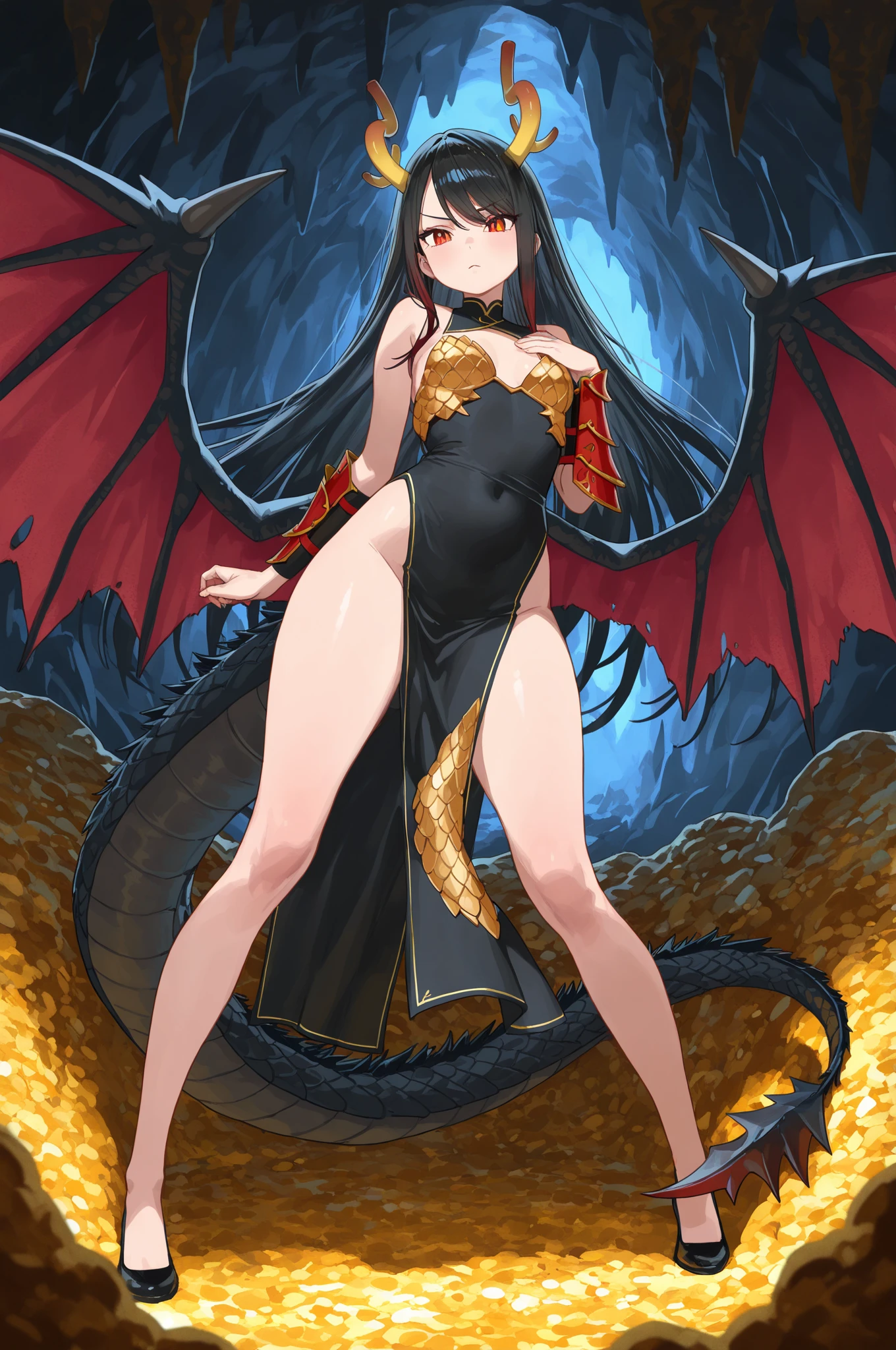 front of the camera, fullbody, dragon girl, brown hair, yellow eyes, half-naked, scales, horns, adult, medium breasts, golden details