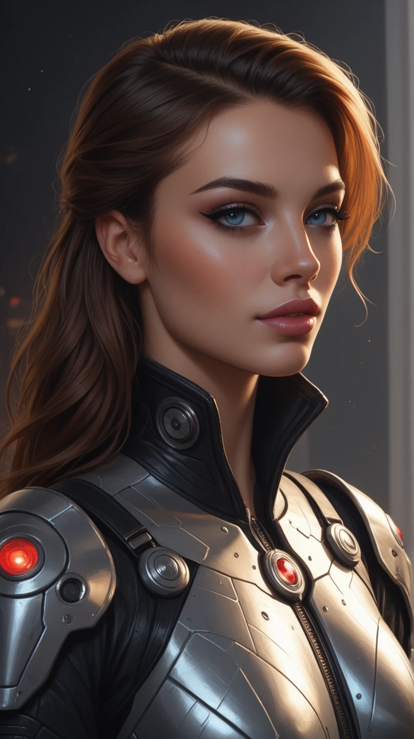photo of Black Widow (sexy, big boobs) from Marvel, biomechanical, complex robot, full growth, hyperrealistic, insane small details, extremely clean lines, cyberpunk aesthetic, masterpiece featured on Zbrush Central
