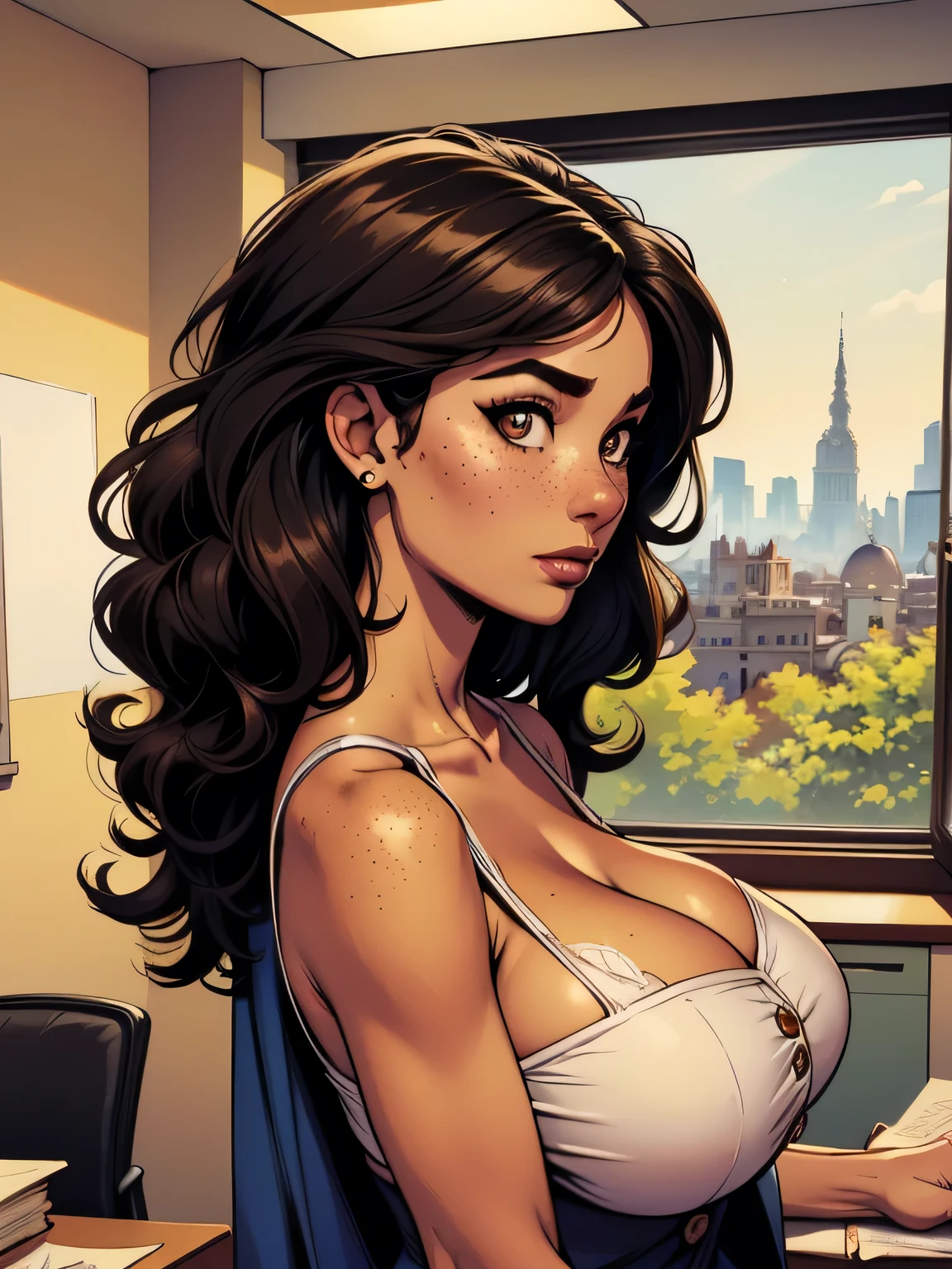 CONCEPT ART,Muse and goddess of seductive 40 year old woman, with short wavy brown hair, wearing a tight floreal dress, posing smiling on a terrace in Sorrento, background: panoramic terrace in Sorrento, languid, otherworldly color ink drawing by Abigail larson, Egon Schiele, Bill Sienkiewicz, Moebius,black and white,barbier,