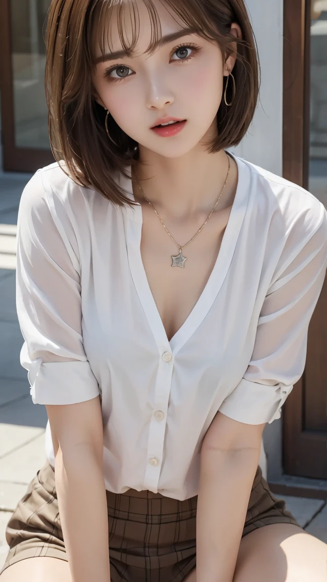 (8k),(RAW Photos),(Highest quality),(masterpiece:1.2),(Japanese idol women),(Super cute face),(Super detailed),(Slender body),Realistic skin luster,Collared shirt,Very Short Hair,(close_up),room,Thin eyebrows,smile,Exposing cleavage,Glowing Skin