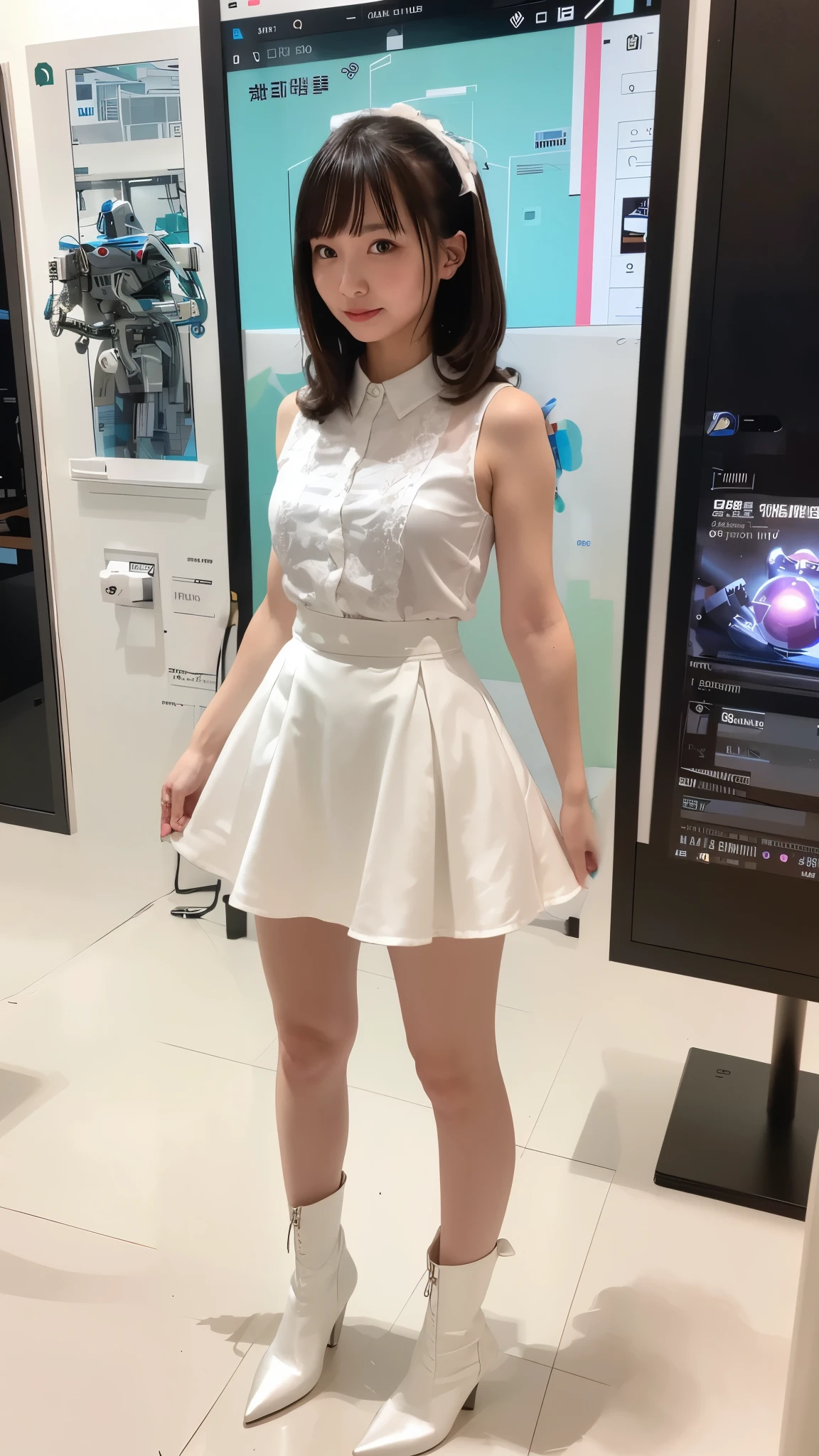 (((Adult: 5.0))), top quality, super detailed 8K, Japan person, elementary school student, school uniform, transparent skin, droopy eyes, beautiful face, ((Thin waist: 2.0, huge chest: 2.0, thin legs: 2.0, long legs: 2.0, long legs: 2.0, tall girl: 2.0, delicate body: 2.0))), (Full body))), innocent, cute, smile,, (((7 years old, loli))))), ( ( Miniature bedroom))), ((cramped girl)),