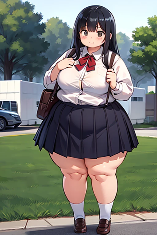 The background is a city., perfect by white girl, loli in dress, by white, by white god, cute anime waifu with beautiful clothes, ((big breasts)), Best Anime Wallpaper 4K, little obese loli, black girl hair, standing on a tree, in a park, super detailed face,